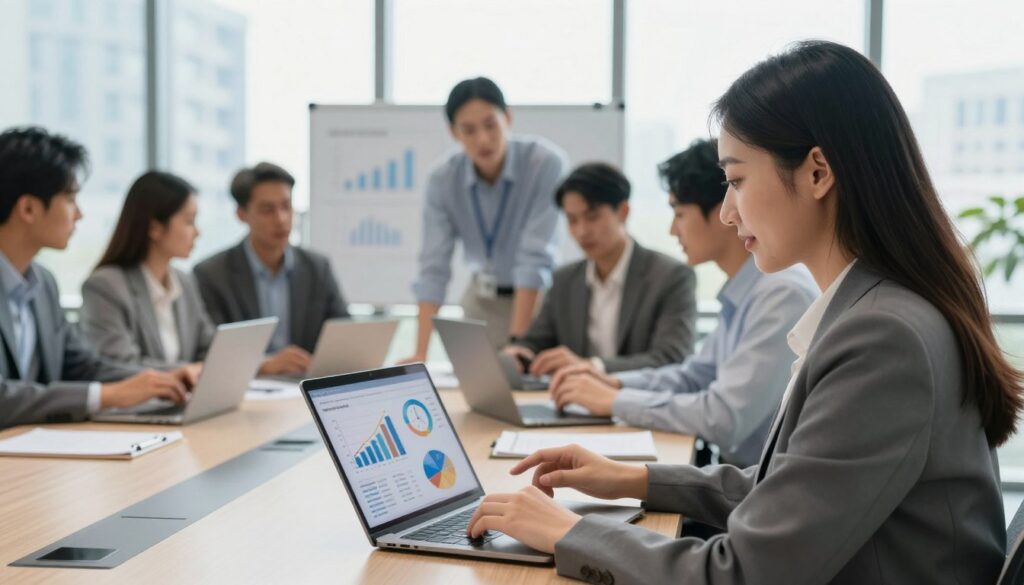 A professional business setting featuring a diverse group of individuals engaged in a collaborative meeting. In the foreground, a focused woman in business attire is reviewing a digital device displaying graphs and charts that symbolize savings in time and money. In the middle ground, a diverse team, including men and women, is brainstorming around a sleek conference table, surrounded by modern technology like laptops and digital whiteboards. The background consists of large windows letting in bright natural light, highlighting a bustling cityscape outside, symbolizing progress and opportunity. The mood is optimistic and educational, emphasizing teamwork and the benefits of efficient data management. Use a soft focus lens effect to create a warm atmosphere, while keeping the subjects clear and engaged.