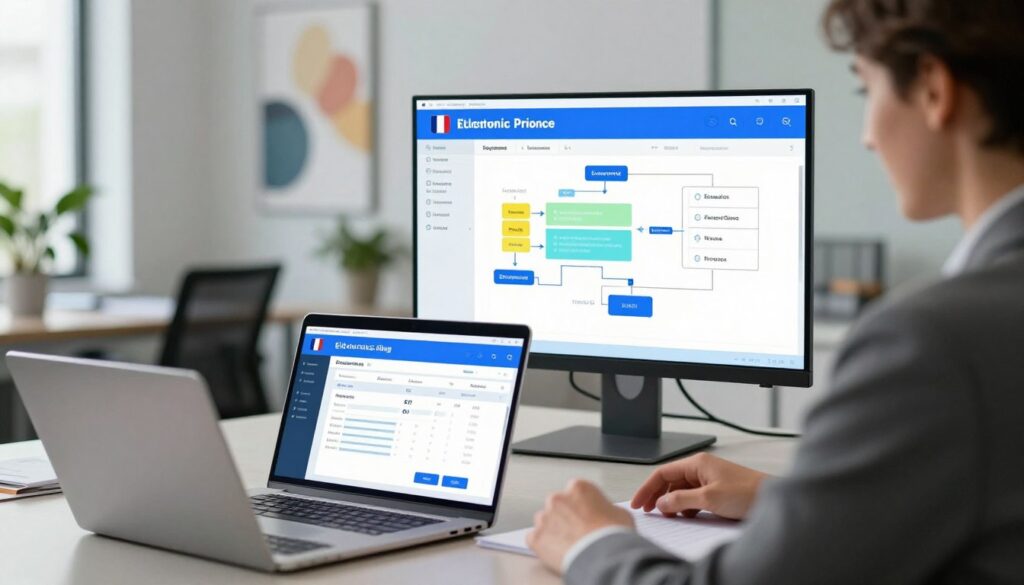 A professional office environment depicting the electronic invoicing process in France. In the foreground, a businessperson in formal attire is reviewing digital invoices on a sleek laptop, with a look of concentration. The middle ground features a split-screen display showing a colorful chart on invoice compliance metrics and a digital flowchart of the electronic billing process, illuminated with soft blue lighting. In the background, a modern office space with abstract art and plants adds depth to the scene. The atmosphere is focused and optimistic, conveying themes of efficiency and legal compliance. Use a wide-angle lens for an immersive effect, with bright but soft lighting to create a professional ambiance.