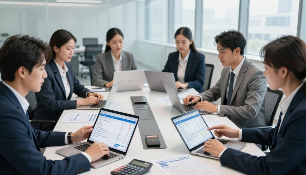A professional office environment depicting the electronic validation of invoices. In the foreground, a diverse group of business professionals, dressed in smart business attire, are examining digital invoices on tablets and laptops, discussing data displayed on screens. In the middle, a modern conference table with financial documents, calculators, and electronic devices. The background shows a sleek, high-tech office space with large windows allowing for natural light to stream in, creating a bright and open atmosphere. Use a wide-angle lens to capture the collaborative nature of the scene while ensuring a clear focus on the professionals engaged in discussion. The mood should be productive and focused, illustrating the complexities and costs associated with electronic invoice validation.