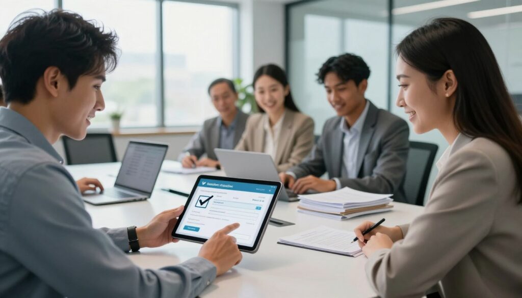 A professional office environment showcasing a diverse group of individuals engaged in a collaborative meeting on electronic invoice validation. In the foreground, a man and a woman in business attire examine a digital tablet displaying a checkmark and validation symbol, with expressions of satisfaction. The middle ground features a sleek conference table with a laptop and documents stacked thoughtfully, emphasizing a productive atmosphere. In the background, large windows allow natural light to flood the room, illuminating the modern décor and creating a welcoming ambiance. The scene conveys a sense of professionalism, teamwork, and innovation, capturing the essence of successful electronic invoice validation.