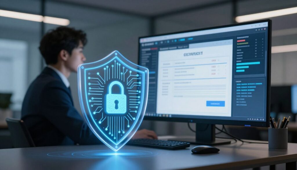 A professional office environment showcasing data security for electronic invoices. In the foreground, a secure shield icon made of digital circuitry and glowing blue elements symbolizes protection. In the middle ground, a digital interface displays graphs and encrypted data streams, emphasizing advanced technology in managing invoices. The background features a sleek, modern office with dimmed lighting, highlighting a professional in business attire, attentively monitoring the digital screen. Soft ambient lights create a reassuring atmosphere, while a subtle focus using a shallow depth of field directs attention to the shield and interface. The overall mood conveys safety, innovation, and professionalism in the realm of electronic billing security. A professional office environment showcasing data security for electronic invoices. In the foreground, a secure shield icon made of digital circuitry and glowing blue elements symbolizes protection. In the middle ground, a digital interface displays graphs and encrypted data streams, emphasizing advanced technology in managing invoices. The background features a sleek, modern office with dimmed lighting, highlighting a professional in business attire, attentively monitoring the digital screen. Soft ambient lights create a reassuring atmosphere, while a subtle focus using a shallow depth of field directs attention to the shield and interface. The overall mood conveys safety, innovation, and professionalism in the realm of electronic billing security.