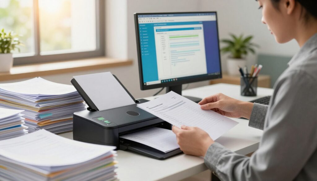 A professional office setting featuring a sleek document scanner in focus, positioned on a well-organized desk piled with neatly stacked administrative papers. In the foreground, a business professional in smart casual attire, examining scanned documents on a computer screen with a look of concentration. The middle ground showcases the vibrant screen displaying digital documents ready for electronic invoicing, while the background highlights a sunlit window with greenery outside, symbolizing environmental friendliness. The lighting is warm and inviting, creating a productive atmosphere. The angle is slightly elevated, capturing both the desk and the background, emphasizing the modern workspace that enhances productivity while reducing paper waste. A professional office setting featuring a sleek document scanner in focus, positioned on a well-organized desk piled with neatly stacked administrative papers. In the foreground, a business professional in smart casual attire, examining scanned documents on a computer screen with a look of concentration. The middle ground showcases the vibrant screen displaying digital documents ready for electronic invoicing, while the background highlights a sunlit window with greenery outside, symbolizing environmental friendliness. The lighting is warm and inviting, creating a productive atmosphere. The angle is slightly elevated, capturing both the desk and the background, emphasizing the modern workspace that enhances productivity while reducing paper waste.