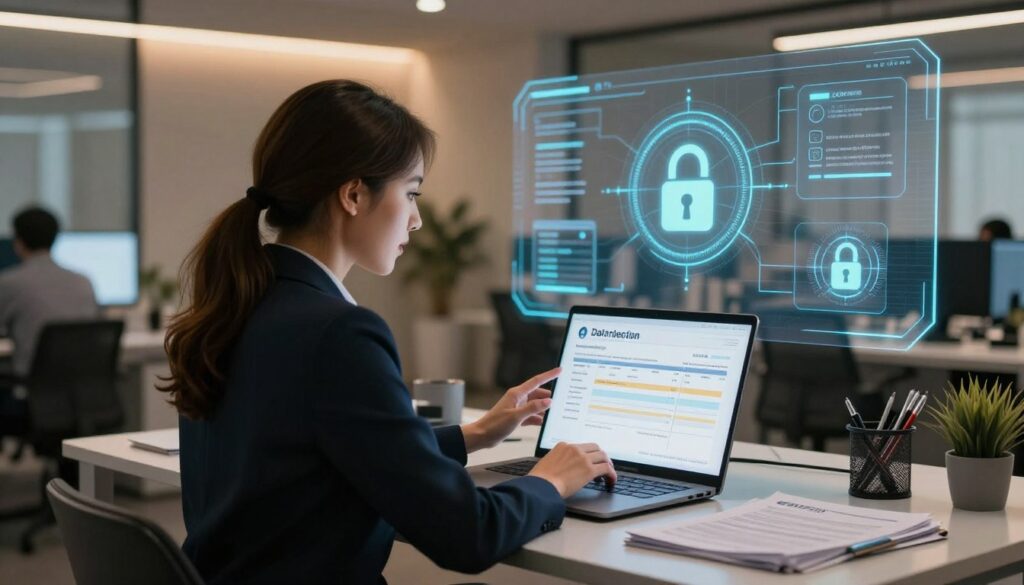 A professional office setting focusing on data protection in invoicing processes. In the foreground, a confident businesswoman in business attire is analyzing a digital invoice on a laptop, surrounded by secure digital locks and encrypted data symbols representing confidentiality. In the middle ground, a sleek desk cluttered with files and high-tech devices highlights modern billing practices. The background features a softly lit office with futuristic security screens displaying information privacy alerts, showcasing a harmonious environment dedicated to data protection. The atmosphere is serious yet hopeful, emphasizing the importance of confidentiality in billing processes with warm, ambient lighting. Use a wide-angle perspective to capture the entire scene, ensuring clarity and depth.