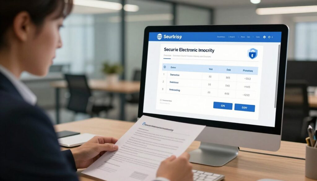 A professional office setting showcasing electronic invoice security. In the foreground, a well-dressed business professional is reviewing documents on a laptop, with a focused expression. The middle ground features a sleek digital display illustrating secure electronic invoicing processes, with visual elements like lock icons and shield graphics to signify security. In the background, a modern office space is visible, with glass walls and soft, warm lighting creating a welcoming atmosphere. The angle is slightly elevated, capturing both the details on the screen and the engaged demeanor of the professional. The overall mood is one of diligence and trust in technology, emphasizing best practices for securing electronic documents. A professional office setting showcasing electronic invoice security. In the foreground, a well-dressed business professional is reviewing documents on a laptop, with a focused expression. The middle ground features a sleek digital display illustrating secure electronic invoicing processes, with visual elements like lock icons and shield graphics to signify security. In the background, a modern office space is visible, with glass walls and soft, warm lighting creating a welcoming atmosphere. The angle is slightly elevated, capturing both the details on the screen and the engaged demeanor of the professional. The overall mood is one of diligence and trust in technology, emphasizing best practices for securing electronic documents.