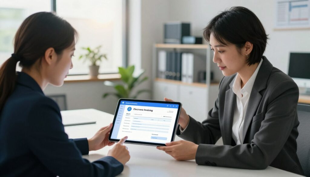 A professional office setting showcasing the concept of electronic invoicing and digital signatures. In the foreground, a male and female business professional, both in smart business attire, collaborate at a sleek conference table, examining a luminous digital tablet displaying a virtual invoice with a prominent digital signature graphic. The middle layer features a light, airy environment with modern office decor, including potted plants and a large window letting in soft, natural sunlight. In the background, shelves filled with electronic devices and filing cabinets can be seen, emphasizing an organized, tech-savvy atmosphere. The focus is sharp on the professionals and the tablet, with a soft bokeh effect on the background to accentuate the subject. The overall mood is innovative and collaborative, highlighting the importance of electronic signatures in business transactions.