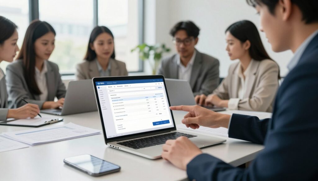 A professional workspace featuring a digital invoice processing solution. In the foreground, a sleek laptop displaying a well-organized user interface of an electronic invoicing software, surrounded by documents and digital devices like a tablet and a smartphone. In the middle ground, a diverse group of business professionals dressed in smart attire engaged in a discussion, pointing at the laptop’s screen. The background reveals a contemporary office environment with large windows allowing natural light to flood the space, creating a bright and welcoming atmosphere. Use soft, diffused lighting to enhance the clarity and focus on the digital screens, capturing the essence of automation and efficiency in electronic invoicing processes.