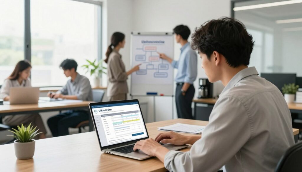 A professional workspace scene featuring a diverse group of business people collaborating on creating an electronic invoice. In the foreground, a focused individual in business attire is working on a laptop, displaying a detailed electronic invoice template on the screen. In the middle background, a second person points to a flowchart on a whiteboard, illustrating the process of online invoicing. The office is well-lit with natural light streaming through large windows, creating a bright and inviting atmosphere. The setting includes modern office furniture, potted plants, and a coffee machine to add a touch of warmth. The angle captures an open layout, emphasizing teamwork and productivity. The overall mood conveys efficiency and professionalism.