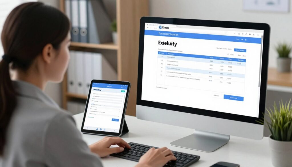 A professional workspace showcasing a modern electronic invoice verification tool. In the foreground, a sleek computer monitor displays a detailed electronic invoice with highlighted sections for verification, surrounded by office supplies. In the middle, a focused businesswoman, dressed in professional attire, is analyzing the invoice on the screen, with a look of concentration. Beside her, a tablet showing verification checklists and a smartphone with alerts about discrepancies. The background features shelves stacked with organized files and an indoor plant adding a touch of greenery. The lighting is soft yet bright, suggesting a productive atmosphere. The overall mood is one of diligence and meticulousness, emphasizing the importance of electronic invoice verification tools.