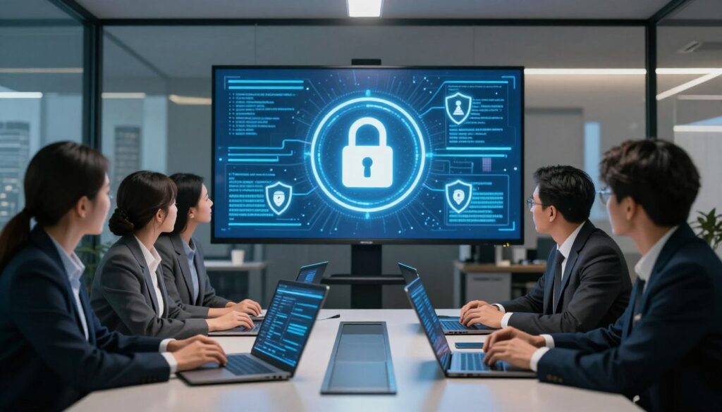 A secure data protection scene in a modern office environment. In the foreground, a diverse team of professionals in business attire is actively discussing data privacy strategies around a sleek conference table, with digital devices displaying encrypted data visuals. In the middle, focus on a large screen showing a locked padlock symbol, representing data security, surrounded by flowing lines of code and shield icons that symbolize confidentiality. In the background, soft ambient lighting creates a tech-savvy atmosphere with glass walls, showcasing a city skyline to suggest progress and innovation. Capture the mood of collaboration and seriousness, highlighting the importance of best practices in ensuring data confidentiality. Use a slight low-angle perspective to emphasize the authority of the team.