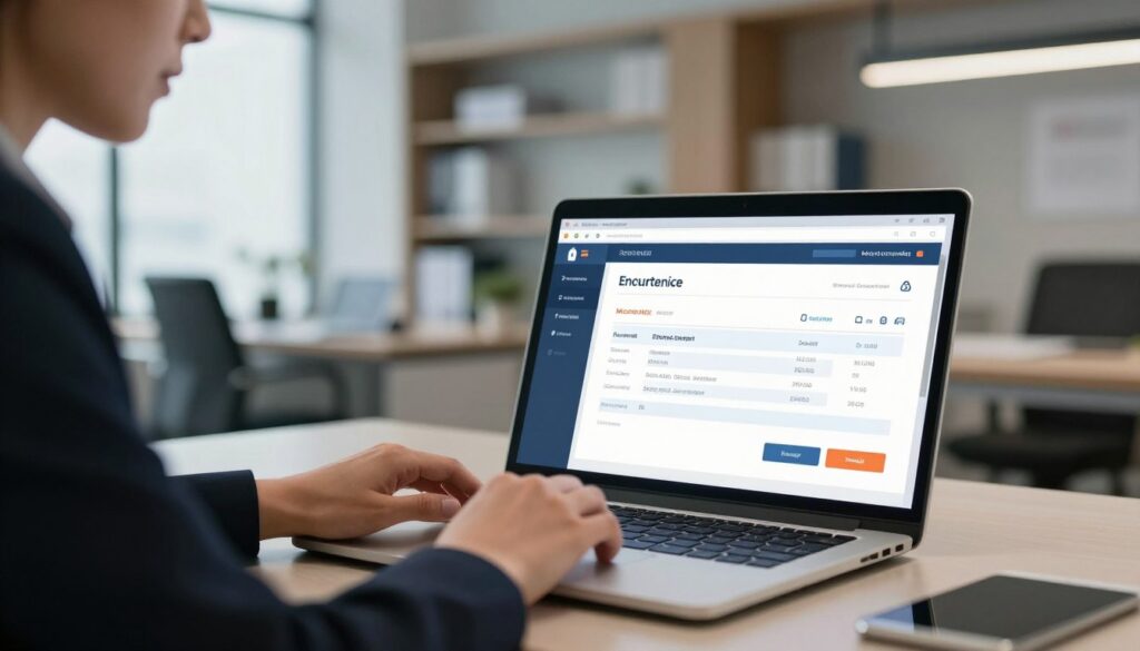 A secure electronic invoice environment depicted in a modern office setting. Foreground: a professional businessperson in formal attire, intently reviewing a digital invoice on a sleek laptop, reflecting concentration and integrity. Middle: a clear view of the laptop screen displaying a secure electronic invoice with visible security features like encryption icons. Background: a contemporary office with soft, diffused lighting, large windows allowing natural light, and shelves filled with organizational documents. The atmosphere is focused and professional, emphasizing trust and security. The image should be captured from a slight angle, showcasing both the individual and the digital interface, creating a sense of depth and engagement in the scene.