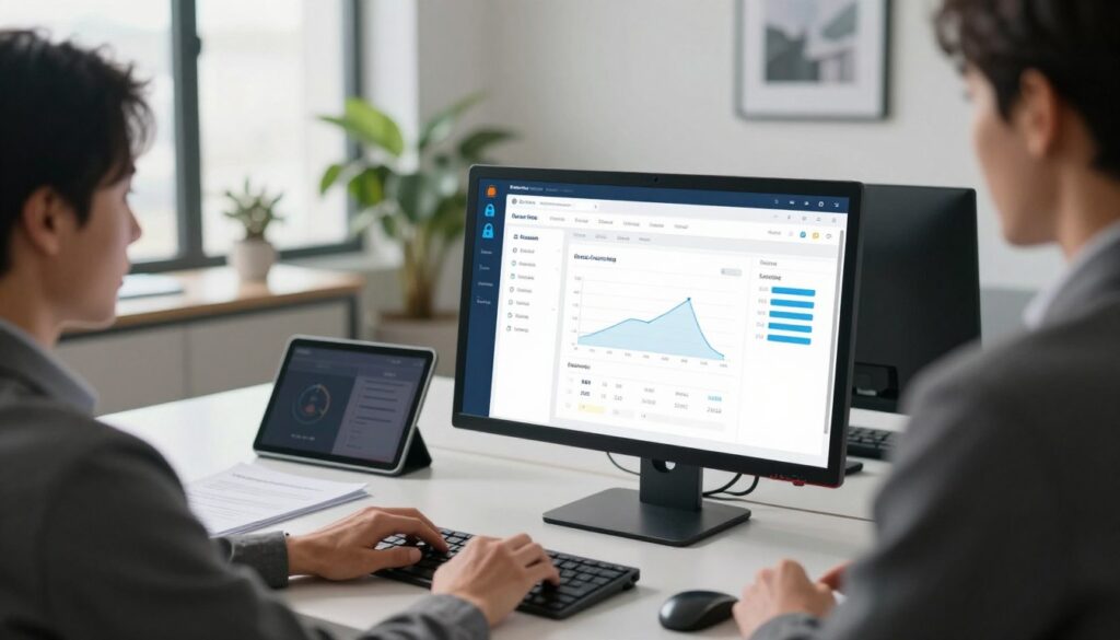 A secure electronic invoicing platform displayed in a modern, sleek office environment. In the foreground, a high-tech computer screen shows a clear and intuitive invoicing interface with graphs and secure indicators. A professional business person in formal attire, focused on the screen, is analyzing data, reflecting a sense of diligence and security. In the middle ground, a stylish desk with a few documents and a digital tablet, representing organization and efficiency. The background features a well-lit office filled with plants and motivational artwork, creating a calm, productive atmosphere. Soft, natural lighting from large windows enhances the scene, suggesting professionalism and trust. The angle is slightly above eye level, capturing all elements harmoniously. A secure electronic invoicing platform displayed in a modern, sleek office environment. In the foreground, a high-tech computer screen shows a clear and intuitive invoicing interface with graphs and secure indicators. A professional business person in formal attire, focused on the screen, is analyzing data, reflecting a sense of diligence and security. In the middle ground, a stylish desk with a few documents and a digital tablet, representing organization and efficiency. The background features a well-lit office filled with plants and motivational artwork, creating a calm, productive atmosphere. Soft, natural lighting from large windows enhances the scene, suggesting professionalism and trust. The angle is slightly above eye level, capturing all elements harmoniously.