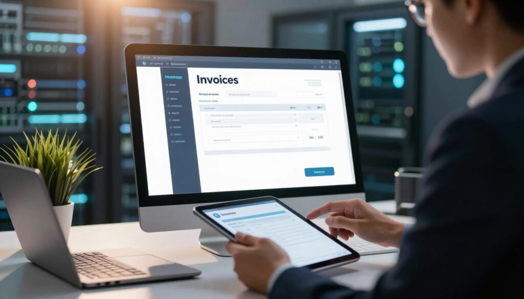 A secure online storage environment for invoices, featuring a modern, sleek digital interface displayed on a high-resolution computer screen. In the foreground, a professional businessperson, dressed in smart business attire, is focused on the screen, using a tablet to review documents. The middle ground shows a clutter-free, organized desk with a potted plant and a sleek laptop, symbolizing efficiency and organization. The background subtly displays a soft-focus, secure server room with glowing lights and high-tech equipment, suggesting data protection. The lighting is warm and inviting, with a slight lens flare catching the screen, creating a confident and secure atmosphere of digital safety for electronic invoice archiving.
