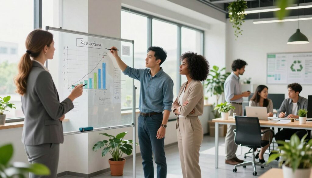 A serene office environment depicting a diverse group of professionals engaged in a brainstorming session about tax reduction strategies. In the foreground, a confident Caucasian woman in business attire points at a digital display showing graphs illustrating tax savings and environmental impact. In the middle, a diverse team of three other professionals—an Asian man, a Black woman, and a Hispanic man—collaboratively jotting down ideas on a transparent whiteboard, surrounded by eco-friendly office decor like plants and recycling bins. The background features large windows allowing natural light to flood the space, creating a bright and optimistic atmosphere. A subtle hint of green in the lighting emphasizes the theme of environmental impact, suggesting a positive and sustainable future. A serene office environment depicting a diverse group of professionals engaged in a brainstorming session about tax reduction strategies. In the foreground, a confident Caucasian woman in business attire points at a digital display showing graphs illustrating tax savings and environmental impact. In the middle, a diverse team of three other professionals—an Asian man, a Black woman, and a Hispanic man—collaboratively jotting down ideas on a transparent whiteboard, surrounded by eco-friendly office decor like plants and recycling bins. The background features large windows allowing natural light to flood the space, creating a bright and optimistic atmosphere. A subtle hint of green in the lighting emphasizes the theme of environmental impact, suggesting a positive and sustainable future.