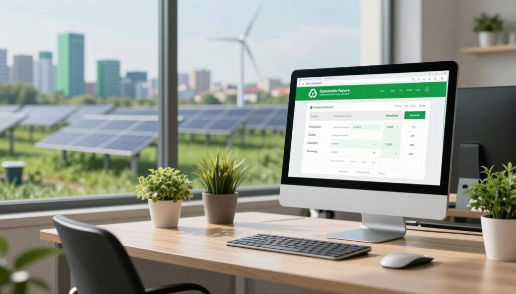 A serene office environment reflecting a sustainable future. In the foreground, a modern workspace features a sleek desktop with a digital tablet displaying an electronic invoice, surrounded by eco-friendly elements like potted plants and a recycling bin. In the middle ground, a glass window allows natural light to pour in, illuminating a green cityscape with solar panels and wind turbines in the distance. The background hints at a vibrant skyline, showcasing green buildings integrated with nature. The mood is bright and optimistic, symbolizing the positive impact of electronic invoicing on reducing environmental expenses. The image should embody a professional atmosphere with no presence of people, focusing solely on the workspace and its sustainable features. Soft, natural lighting enhances the overall freshness of the scene.
