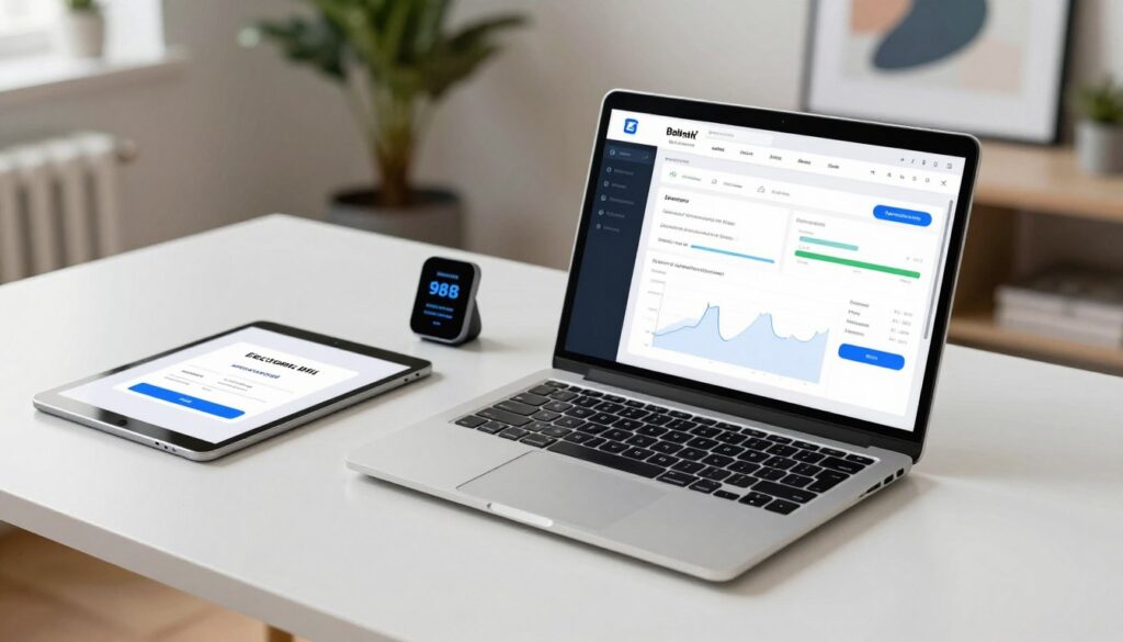 A sleek electronic billing platform displayed on a modern, minimalistic desk. In the foreground, a laptop screen shows a user-friendly interface with clear graphs and fast transmission status. A tablet beside it displays a notification of a successful electronic bill sent, while a smart device indicates real-time updates. In the middle, soft, diffused lighting illuminates the scene, enhancing the professionalism. The background features a stylish office environment with potted plants and abstract art, suggesting efficiency and modern technology. The atmosphere is organized and focused, conveying a sense of speed and productivity. The angle is slightly overhead, capturing both the foreground devices and the inviting workspace. No people are included in the image, ensuring a clean, professional presentation. A sleek electronic billing platform displayed on a modern, minimalistic desk. In the foreground, a laptop screen shows a user-friendly interface with clear graphs and fast transmission status. A tablet beside it displays a notification of a successful electronic bill sent, while a smart device indicates real-time updates. In the middle, soft, diffused lighting illuminates the scene, enhancing the professionalism. The background features a stylish office environment with potted plants and abstract art, suggesting efficiency and modern technology. The atmosphere is organized and focused, conveying a sense of speed and productivity. The angle is slightly overhead, capturing both the foreground devices and the inviting workspace. No people are included in the image, ensuring a clean, professional presentation.