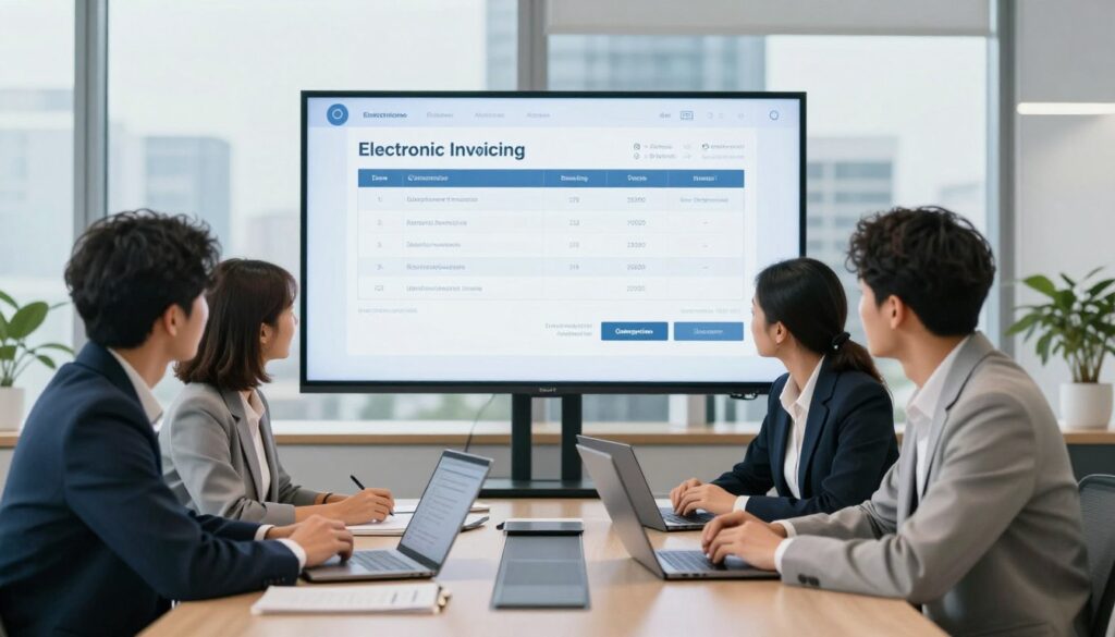 A sleek, modern office environment showcasing a professional setting for implementing electronic invoicing. In the foreground, a diverse group of three business professionals in smart casual attire, gathered around a large conference table with digital devices like laptops and tablets, intently discussing strategies. The middle ground features a large screen displaying a simplified electronic invoice template with clear, organized sections, emphasizing the ease of use. In the background, a window provides natural light, highlighting an urban skyline and creating a bright, optimistic atmosphere. Soft, diffused lighting enhances the professionalism and clarity of the scene. The image conveys a sense of innovation and collaboration in the realm of simplified electronic invoicing for businesses. A sleek, modern office environment showcasing a professional setting for implementing electronic invoicing. In the foreground, a diverse group of three business professionals in smart casual attire, gathered around a large conference table with digital devices like laptops and tablets, intently discussing strategies. The middle ground features a large screen displaying a simplified electronic invoice template with clear, organized sections, emphasizing the ease of use. In the background, a window provides natural light, highlighting an urban skyline and creating a bright, optimistic atmosphere. Soft, diffused lighting enhances the professionalism and clarity of the scene. The image conveys a sense of innovation and collaboration in the realm of simplified electronic invoicing for businesses.