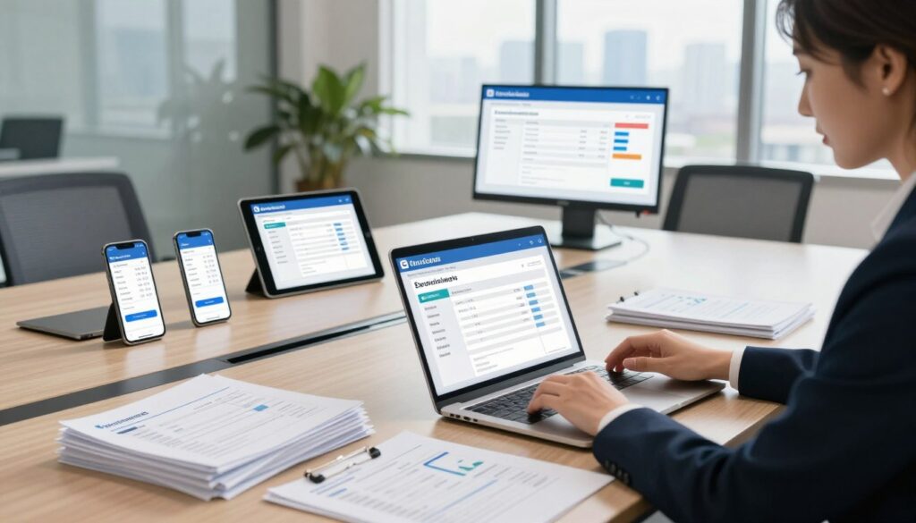 A sleek, modern office workspace showcasing various electronic invoicing solutions. In the foreground, a professional businessperson in smart attire, intently analyzing digital invoices on a laptop, surrounded by neatly stacked papers and a tablet displaying graphs. The middle layer features an elegant conference table with different electronic devices illustrating invoices: a smartphone, tablet, and touchscreen monitor showing a comparison chart. In the background, a large window with natural light flooding in, revealing a city skyline. The atmosphere is professional and focused, emphasizing the importance of compliance and solutions in electronic invoicing. The lighting is bright yet soft, highlighting the details of the workspace, creating a mood of efficiency and modernity. A sleek, modern office workspace showcasing various electronic invoicing solutions. In the foreground, a professional businessperson in smart attire, intently analyzing digital invoices on a laptop, surrounded by neatly stacked papers and a tablet displaying graphs. The middle layer features an elegant conference table with different electronic devices illustrating invoices: a smartphone, tablet, and touchscreen monitor showing a comparison chart. In the background, a large window with natural light flooding in, revealing a city skyline. The atmosphere is professional and focused, emphasizing the importance of compliance and solutions in electronic invoicing. The lighting is bright yet soft, highlighting the details of the workspace, creating a mood of efficiency and modernity.