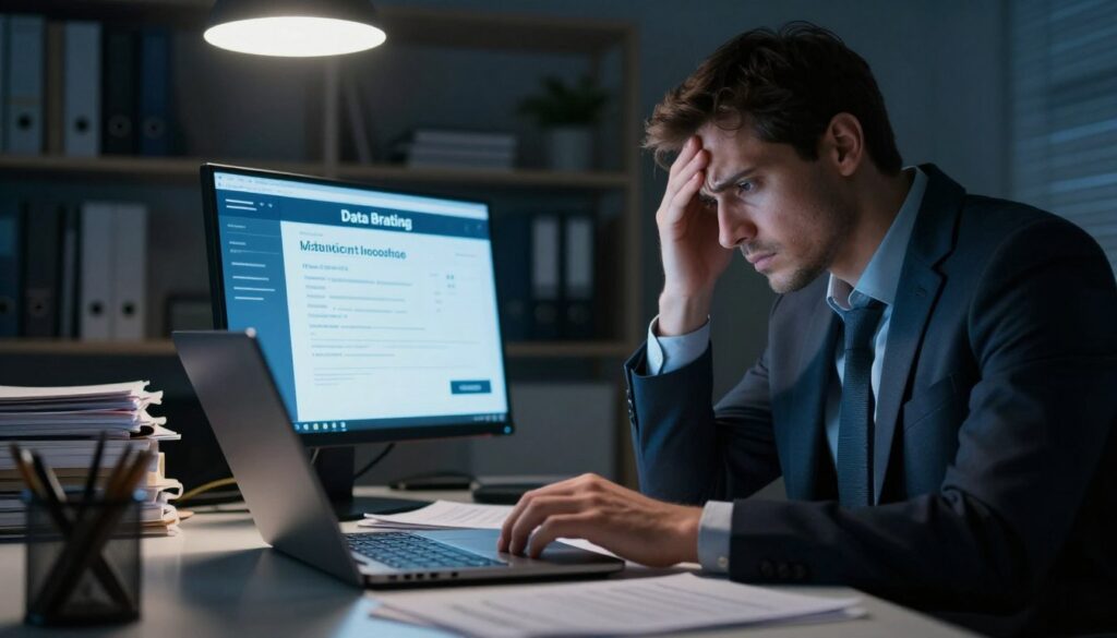 A somber office environment where a worried business professional sits at a desk cluttered with documents and a laptop, representing concerns over electronic invoice confidentiality. The foreground features a close-up of the professional's hand poised over a keyboard, with a slightly furrowed brow reflecting anxiety. In the middle, a screen glows with a visible warning about data breaches, casting a blue light on their face. The background shows dimly lit shelves filled with digital security books, creating a sense of urgency and seriousness about the importance of privacy. Soft, overhead lighting highlights the tension in the scene, while shadows deepen around the edges, enhancing the mood of concern and caution.