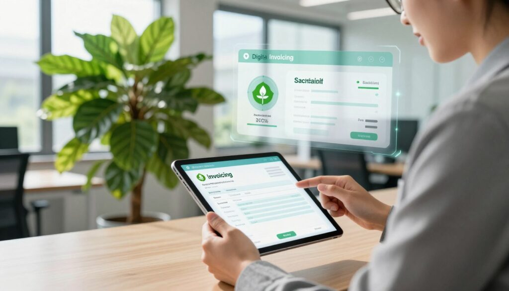 A vibrant, modern office environment represents the concept of digital invoicing and sustainable development. In the foreground, a professional individual in business attire is seen reviewing an electronic invoice on a sleek tablet, emphasizing a focus on technology. In the middle ground, a large green plant symbolizes sustainability, while an innovative digital interface displays eco-friendly statistics relevant to invoicing practices. The background features large windows with natural light flooding in, casting soft shadows and creating a bright atmosphere. Utilize a slight angle to highlight both the individual and the greenery, capturing a harmonious blend of technology and nature. The overall mood is optimistic, showcasing the synergy between digital solutions and sustainability.