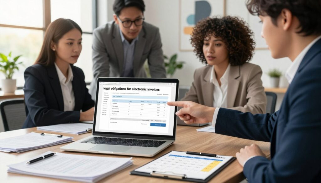 A visually engaging representation of "legal obligations for electronic invoices" set in a professional office environment. In the foreground, a clear desktop with a sleek laptop open displaying a digital invoice on the screen. Beside it, neatly arranged documents, a pen, and a tablet showing a calendar with compliance deadlines highlighted. In the middle ground, a diverse group of three business professionals, dressed in smart business attire, engaged in discussion, pointing at the laptop; one of them is a woman with dark hair, another a man with glasses, and the third is a woman with curly hair. The background features a large window allowing warm natural light to pour in, illuminating a modern office with potted plants and abstract art. The overall mood conveys a sense of urgency and professionalism, emphasizing compliance and teamwork.