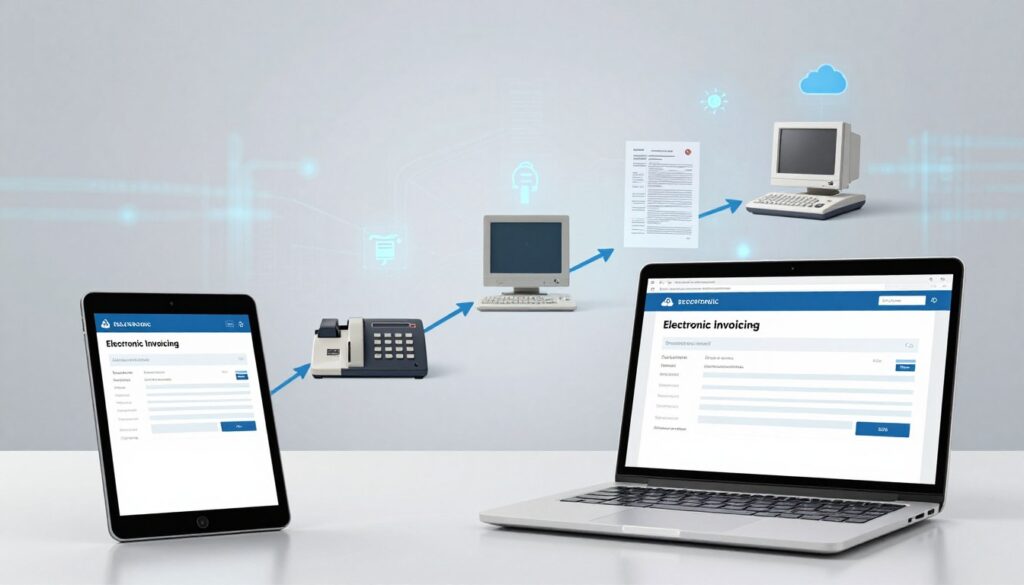A visually engaging representation of the evolution of electronic invoicing. In the foreground, display a sleek tablet and a laptop, with digital invoices glowing on their screens, suggesting modern technology. In the middle ground, illustrate various milestones of invoicing history, like paper invoices, fax machines, and early computers, transitioning to contemporary digital solutions. In the background, depict an abstract technological landscape with floating data streams and icons symbolizing integration, automation, and cloud computing. Use soft, diffused lighting to create a professional atmosphere, highlighting the advancements in billing technology. Capture a sense of progress and innovation, emphasizing clarity and organization in the scene, while maintaining a clean and minimalist aesthetic.