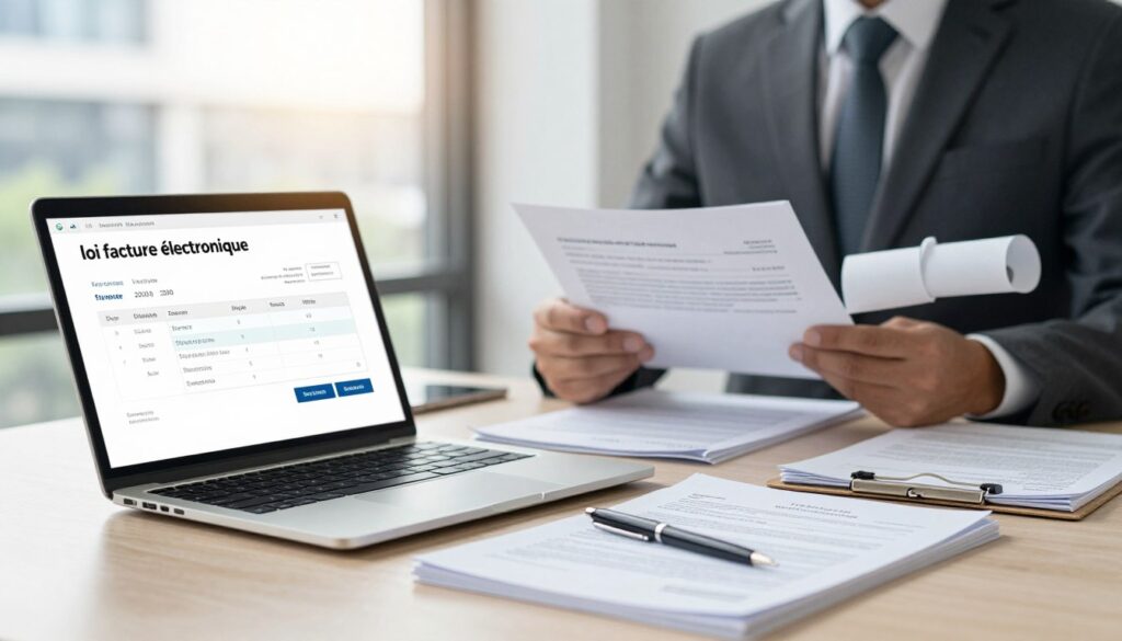 A visually striking representation of "loi facture électronique" within a corporate setting. In the foreground, a well-organized desk featuring a sleek laptop displaying a digital invoice on the screen, with a pen and a neatly arranged stack of official documents beside it. The middle ground presents a blurred image of a professional in business attire, reviewing contracts and compliance guidelines, emphasizing the seriousness of electronic invoice regulations. In the background, soft lighting emanates from a modern office window, casting a warm glow, and hints of urban architecture outside. The atmosphere is one of urgency and professionalism, conveying the importance of compliance in electronic invoicing. The angle should be slightly elevated for a comprehensive view, focusing on the intricate details of digital documents and the professionalism of the setting.