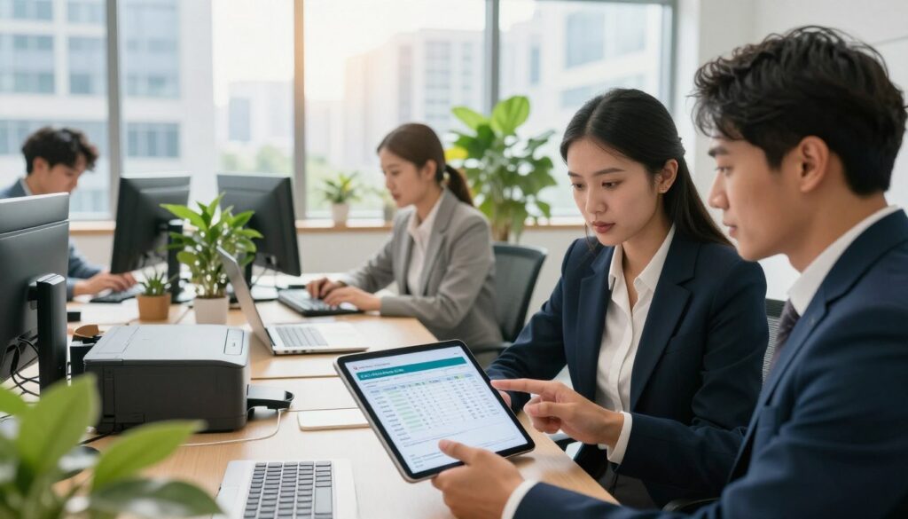 A vivid and contemporary office setting bathed in warm, natural light. In the foreground, a diverse team of three professionals dressed in smart business attire are focused on a digital tablet displaying an accounting document. Their expressions convey concentration and collaboration. The middle layer showcases a beautifully organized, modern workspace, featuring a sleek desk lined with digital devices, including a laptop and a printer. Green plants are strategically placed to suggest an eco-friendly atmosphere. In the background, large windows reveal a bustling cityscape, symbolizing connectivity and progress. An aura of efficiency and sustainability pervades, illustrating the impact of electronic invoices on the environment. The composition balances professionalism and modernity, creating an inviting and inspiring mood. Shot with a wide-angle lens to capture depth and detail, the image is well-lit, emphasizing the vibrant colors and textures.