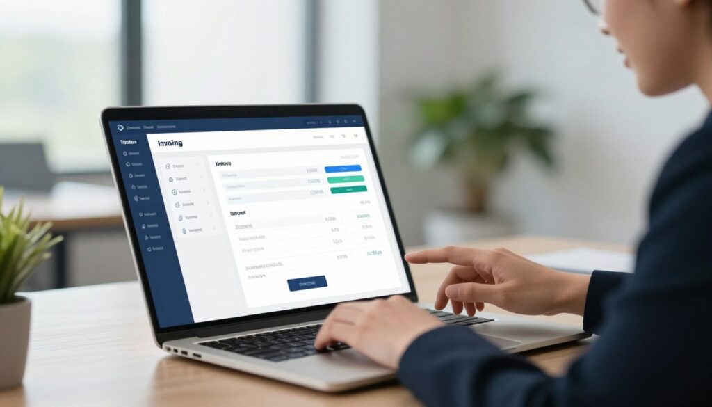 An elegant, modern electronic invoicing platform interface displayed on a sleek laptop, positioned prominently in the foreground. The screen shows detailed graphs, charts, and digital invoices in a clean, organized layout, conveying efficiency and clarity. In the middle ground, a professional individual, dressed in business attire, is interacting with the device, looking engaged and focused. The background features a contemporary office environment with subtle elements like greenery and soft-focus windows, allowing natural light to filter in, creating a bright and optimistic atmosphere. The composition should convey a sense of innovation and professionalism, emphasizing the importance of digital invoicing in today's business landscape. An elegant, modern electronic invoicing platform interface displayed on a sleek laptop, positioned prominently in the foreground. The screen shows detailed graphs, charts, and digital invoices in a clean, organized layout, conveying efficiency and clarity. In the middle ground, a professional individual, dressed in business attire, is interacting with the device, looking engaged and focused. The background features a contemporary office environment with subtle elements like greenery and soft-focus windows, allowing natural light to filter in, creating a bright and optimistic atmosphere. The composition should convey a sense of innovation and professionalism, emphasizing the importance of digital invoicing in today's business landscape.