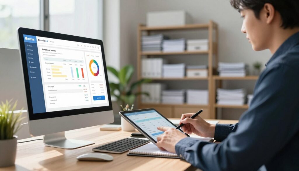 An online invoicing tool interface depicted in a modern, tech-savvy office environment. In the foreground, a sleek computer screen shows a vibrant dashboard with colorful charts and graphs displaying invoice statistics. In the middle, a professional in business attire is focused on the screen, taking notes on a tablet, highlighting the importance of avoiding common invoicing errors. Background features shelves filled with neatly organized paperwork and an indoor plant, contributing to a clean, productive atmosphere. Soft, natural lighting filters in through a large window, casting gentle shadows across the desk. The mood is focused and efficient, illustrating the professional approach to electronic invoicing solutions. An online invoicing tool interface depicted in a modern, tech-savvy office environment. In the foreground, a sleek computer screen shows a vibrant dashboard with colorful charts and graphs displaying invoice statistics. In the middle, a professional in business attire is focused on the screen, taking notes on a tablet, highlighting the importance of avoiding common invoicing errors. Background features shelves filled with neatly organized paperwork and an indoor plant, contributing to a clean, productive atmosphere. Soft, natural lighting filters in through a large window, casting gentle shadows across the desk. The mood is focused and efficient, illustrating the professional approach to electronic invoicing solutions.