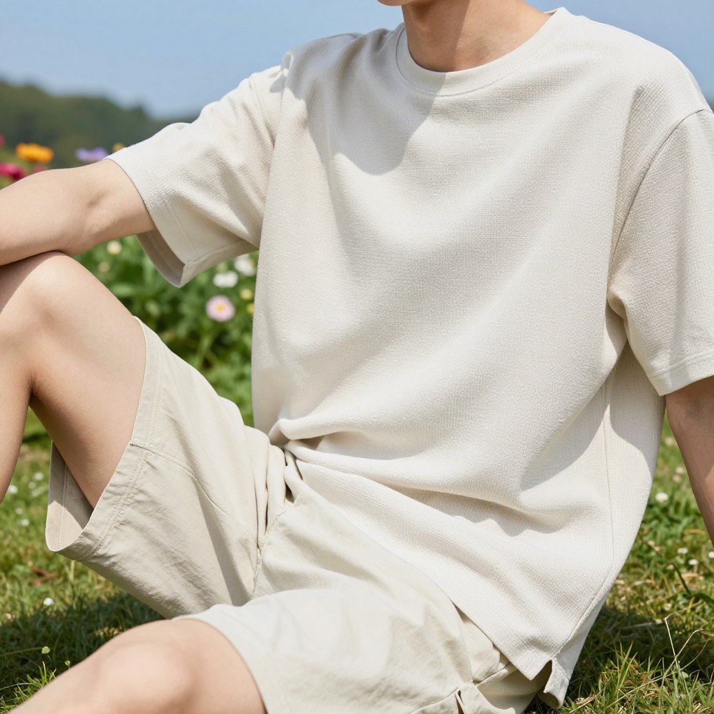 A bright and airy outdoor setting on a sunny day, featuring a person wearing lightweight, breathable clothing ideal for hot weather. The foreground showcases the individual in a relaxed pose, dressed in light-colored, loose-fitting attire made of breathable fabrics like cotton or linen, embodying comfort and style. In the middle ground, incorporate vibrant greenery and a hint of colorful flowers, creating a refreshing summer atmosphere. The background should feature a clear blue sky, emphasizing the season's warmth. Natural sunlight bathes the scene, casting soft shadows and highlighting the textures of the clothing. The overall mood is cheerful and inviting, illustrating the essence of staying cool and comfortable in the heat.