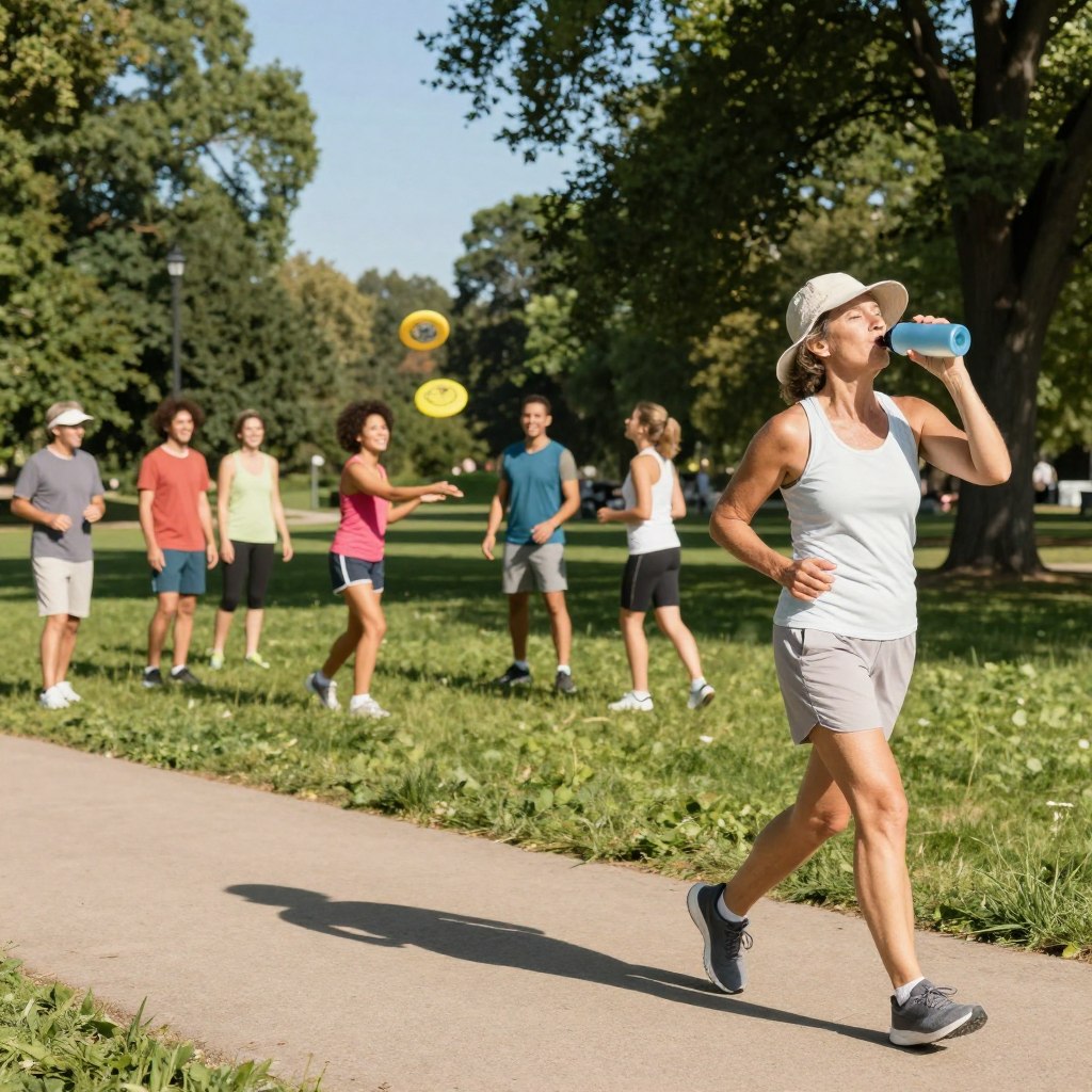 A bright outdoor scene depicting a diverse group of people engaged in various safe physical activities under high temperatures. In the foreground, a middle-aged woman jogging on a sunlit path, wearing a light athletic outfit and a sun hat, is taking a sip from her water bottle. In the middle ground, a group of friends is playing frisbee on the grass, all in comfortable and modest sportswear, with smiles on their faces. In the background, a park is filled with shady trees and a clear blue sky. The lighting is warm, capturing the essence of a bright summer day, with vibrant colors emphasizing the energy and joy of outdoor exercise. The overall mood is one of health, safety, and enthusiasm for summer activities. A bright outdoor scene depicting a diverse group of people engaged in various safe physical activities under high temperatures. In the foreground, a middle-aged woman jogging on a sunlit path, wearing a light athletic outfit and a sun hat, is taking a sip from her water bottle. In the middle ground, a group of friends is playing frisbee on the grass, all in comfortable and modest sportswear, with smiles on their faces. In the background, a park is filled with shady trees and a clear blue sky. The lighting is warm, capturing the essence of a bright summer day, with vibrant colors emphasizing the energy and joy of outdoor exercise. The overall mood is one of health, safety, and enthusiasm for summer activities.