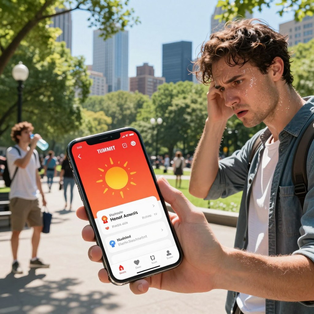 A bright summer scene illustrating a digital alert for a heatwave, set in an urban environment. In the foreground, a smartphone displays a vibrant app notification with a red alert symbol indicating extreme heat conditions. Nearby, a concerned individual dressed in smart casual clothing checks the notification, showing engagement with technology for health awareness. The middle ground features a park with people seeking shade under trees, visibly sweating, and drinking water, emphasizing the impact of high temperatures. In the background, city buildings shimmer under a clear blue sky, with the sun casting strong light, creating a warm, urgent atmosphere. The image captures a blend of urgency and technological reliance, highlighting the importance of digital tools in monitoring health during heat events.