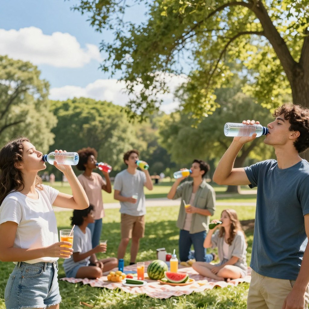 A bright, sunlit summer park scene depicting various hydration strategies during a heatwave. In the foreground, a diverse group of individuals, wearing casual summer clothing, are engaging in refreshing hydration activities. One person drinks water from a reusable bottle, while another enjoys a colorful fruit-infused drink. In the middle ground, a shaded area features an appealing picnic setup with water-rich fruits like watermelon and cucumber, inviting relaxation and hydration. The background shows lush green trees swaying gently in a light breeze, under a bright blue sky with a few fluffy white clouds. The atmosphere is cheerful and vibrant, evoking a sense of community and wellness. The lighting is warm and inviting, emphasizing the beauty and importance of staying hydrated during the summer heat. A bright, sunlit summer park scene depicting various hydration strategies during a heatwave. In the foreground, a diverse group of individuals, wearing casual summer clothing, are engaging in refreshing hydration activities. One person drinks water from a reusable bottle, while another enjoys a colorful fruit-infused drink. In the middle ground, a shaded area features an appealing picnic setup with water-rich fruits like watermelon and cucumber, inviting relaxation and hydration. The background shows lush green trees swaying gently in a light breeze, under a bright blue sky with a few fluffy white clouds. The atmosphere is cheerful and vibrant, evoking a sense of community and wellness. The lighting is warm and inviting, emphasizing the beauty and importance of staying hydrated during the summer heat.