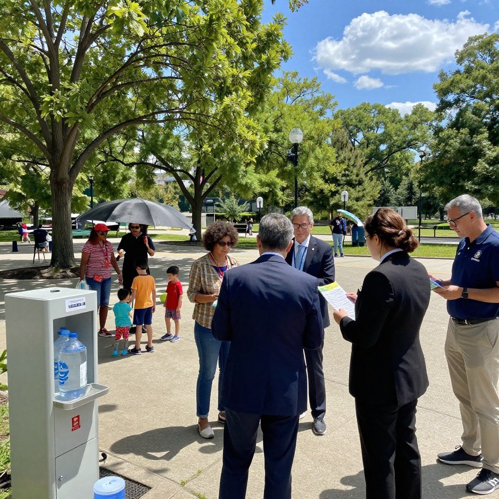 A city park during a scorching summer day, showing a diverse group of community members working together to implement heat safety measures. In the foreground, a group of adults in professional business attire discusses and hands out brochures on heat safety tips, standing next to a well-marked hydration station with cool water. In the middle ground, families shade themselves under large, leafy trees while children play in a safe area, emphasizing community engagement. In the background, a bright blue sky with a few fluffy clouds contrasts the intense sun, casting soft shadows across the scene. The atmosphere conveys a sense of urgency and community solidarity in combatting heat-related risks, with natural lighting highlighting the importance of safety during extreme heat events. A city park during a scorching summer day, showing a diverse group of community members working together to implement heat safety measures. In the foreground, a group of adults in professional business attire discusses and hands out brochures on heat safety tips, standing next to a well-marked hydration station with cool water. In the middle ground, families shade themselves under large, leafy trees while children play in a safe area, emphasizing community engagement. In the background, a bright blue sky with a few fluffy clouds contrasts the intense sun, casting soft shadows across the scene. The atmosphere conveys a sense of urgency and community solidarity in combatting heat-related risks, with natural lighting highlighting the importance of safety during extreme heat events.