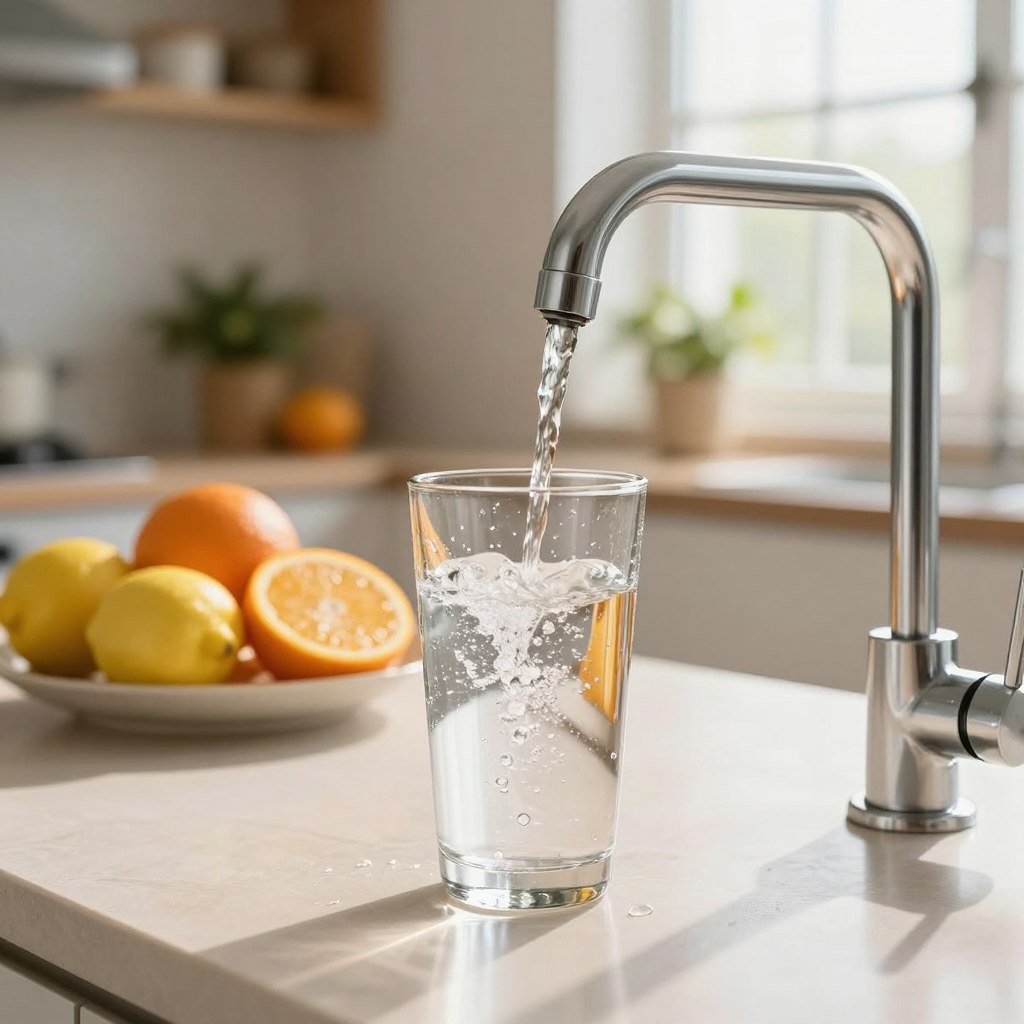 A clear and refreshing image of a modern, stylish glass of water being filled from a polished silver faucet. In the foreground, the focus is on the glass, showcasing water cascading into it with droplets highlighted by natural light. The middle ground features a beautifully arranged table with a fresh fruit platter, including citrus fruits like lemons and oranges, symbolizing hydration. The background reveals a bright, airy kitchen with sunlit windows, plants, and a clean design, creating an inviting atmosphere. The overall mood conveys health and wellbeing, emphasizing the importance of regular hydration in preventing heat-related issues. Soft, warm lighting enhances the freshness of the scene.