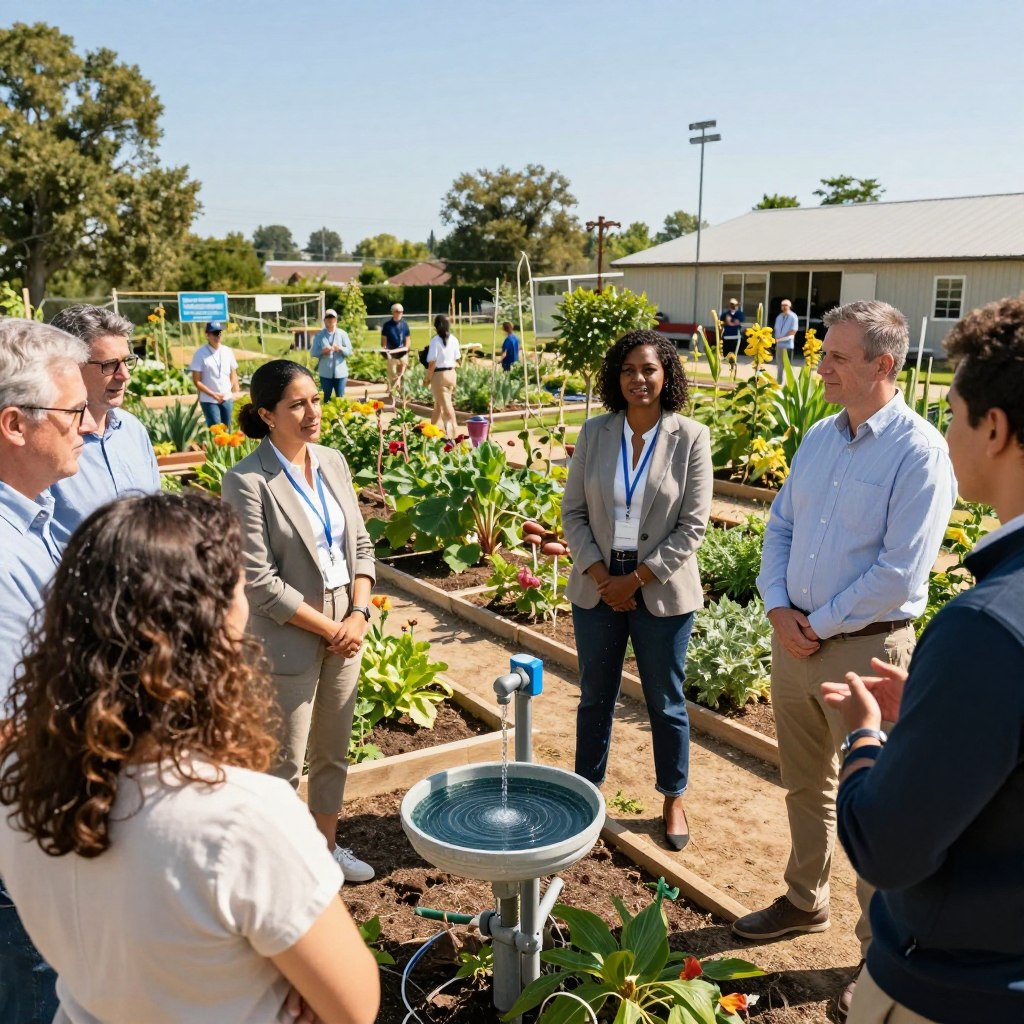 A collaborative scene illustrating local water management initiatives in action. In the foreground, a diverse group of passionate water activists, dressed in professional business attire and modest casual clothing, engage in a lively discussion. In the middle ground, a community garden equipped with a rainwater collection system showcases innovative practices, surrounded by various plant species thriving under the sun. In the background, a clear blue sky complements the warm summer atmosphere, hinting at a local community center where workshops on water conservation are held. The lighting is bright and natural, casting soft shadows that enhance the vibrant colors of the plants and the relaxed yet determined expressions of the activists. The image conveys optimism and community spirit in facing water access challenges during heatwaves.