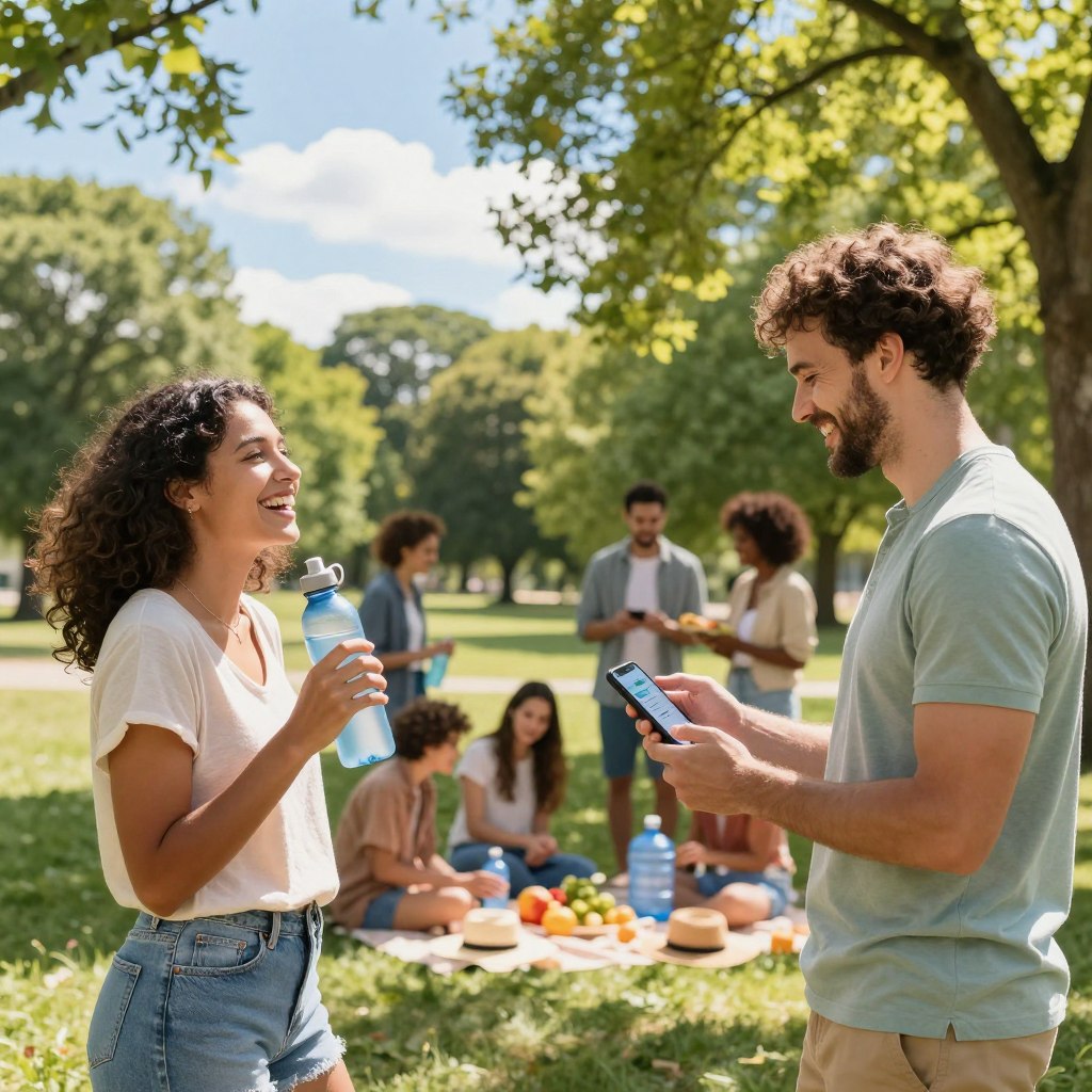 A colorful outdoor scene depicting a diverse group of people enjoying a sunny day in a park, focusing on hydration tips. In the foreground, a woman with a reusable water bottle and a man checking a hydration app on his smartphone, both dressed in casual summer attire, smiling and laughing. In the middle ground, a picnic setup with fruits, water jugs, and sun hats, highlighting healthy snacks. The background features lush green trees and a blue sky with a few fluffy clouds, adding a serene atmosphere. Soft sunlight filters through the leaves, creating dappled shadows on the ground, conveying a warm, inviting vibe. The composition emphasizes the importance of staying hydrated during hot weather, suggesting a sense of community and enjoyment outdoors. A colorful outdoor scene depicting a diverse group of people enjoying a sunny day in a park, focusing on hydration tips. In the foreground, a woman with a reusable water bottle and a man checking a hydration app on his smartphone, both dressed in casual summer attire, smiling and laughing. In the middle ground, a picnic setup with fruits, water jugs, and sun hats, highlighting healthy snacks. The background features lush green trees and a blue sky with a few fluffy clouds, adding a serene atmosphere. Soft sunlight filters through the leaves, creating dappled shadows on the ground, conveying a warm, inviting vibe. The composition emphasizes the importance of staying hydrated during hot weather, suggesting a sense of community and enjoyment outdoors.