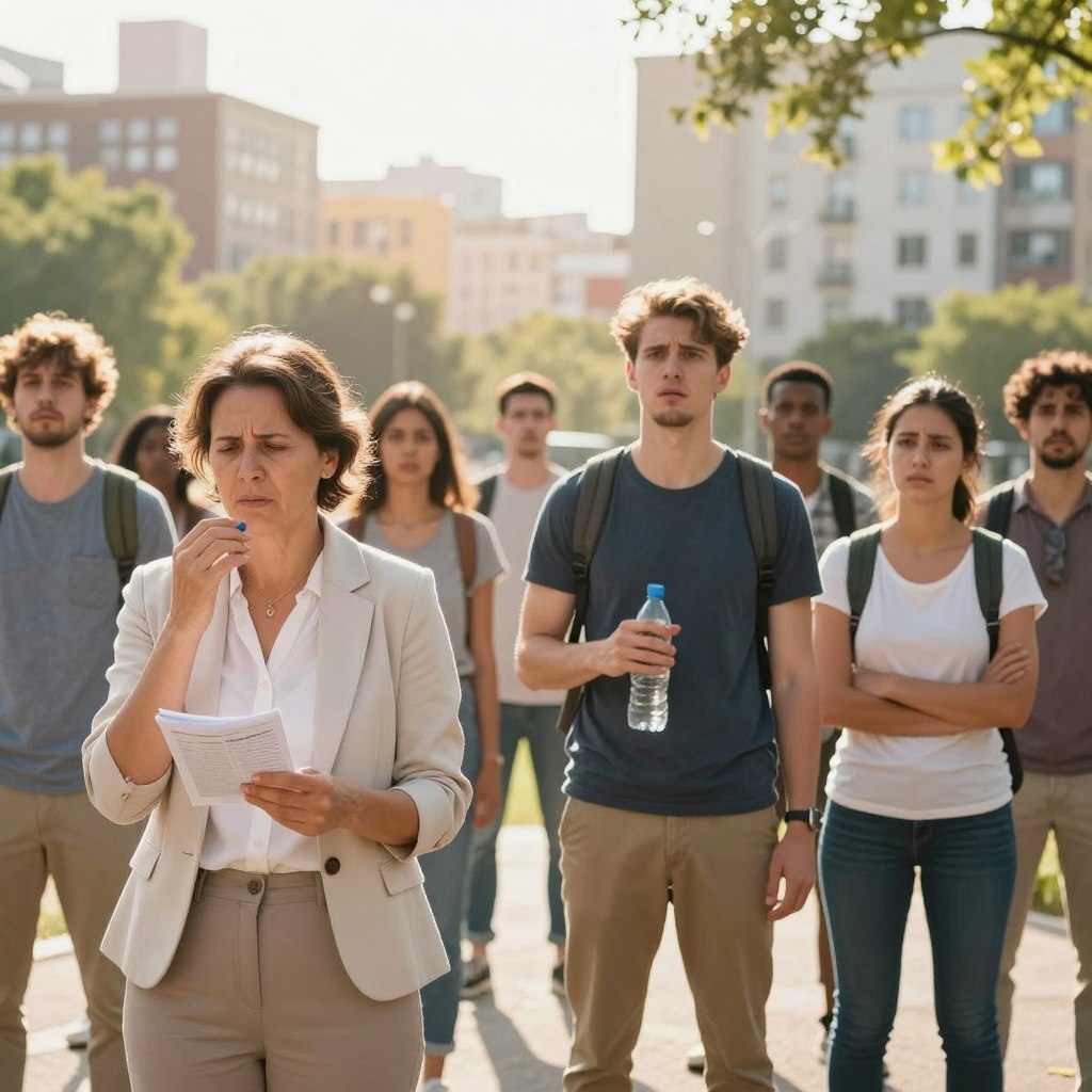 A concerned group of diverse individuals stands together in a sun-drenched urban park, visibly affected by extreme heat. Foreground: a middle-aged woman in light professional clothing, fanning herself with a small booklet, her expression showing discomfort. Middle: a young man in modest casual wear, holding a water bottle, glancing towards the camera with a worried look. Background: a sunlit scene of urban buildings shimmering with heat haze, and a few trees providing scant shade. The atmosphere is tense, reflecting the intensity of the heat wave. Soft shadows cast by the sun create a stark contrast, emphasizing the emotional impact. The image is shot from a slightly low angle, enhancing the subjects’ expressions while capturing the oppressive heat of the environment.