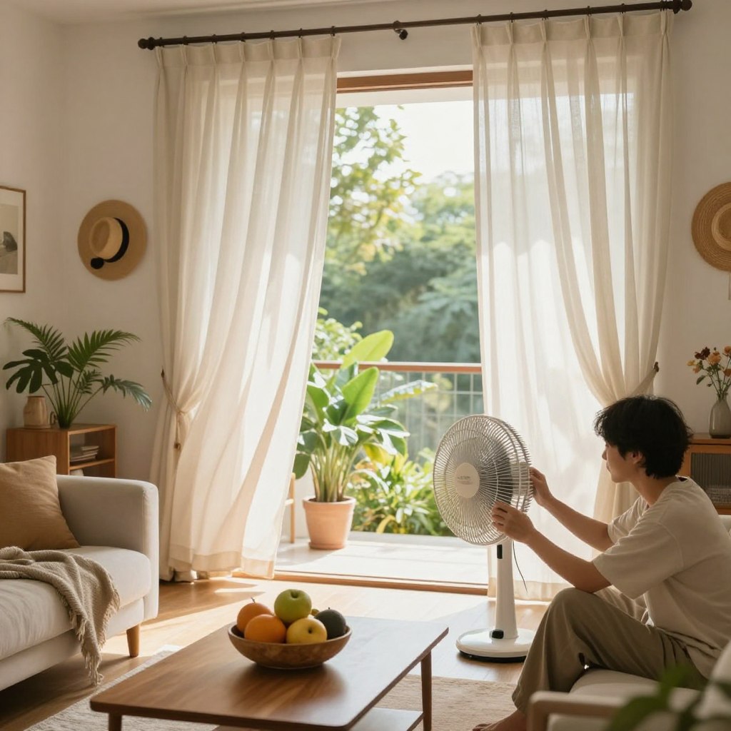 A cozy living room prepared for a heatwave, featuring light curtains blowing gently in the breeze. In the foreground, a person in modest casual clothing adjusts a fan, while a bowl of fresh fruit rests on a coffee table. In the middle, plants are strategically placed to promote cooling and a large window reveals a bright, sunny day outside. The background shows a well-organized space with subtle hints of summer decor, such as sun hats and sunglasses. Soft natural light fills the room, creating a warm, inviting atmosphere that emphasizes comfort and safety amidst rising temperatures. The scene conveys a sense of calm preparedness for the summer heat.