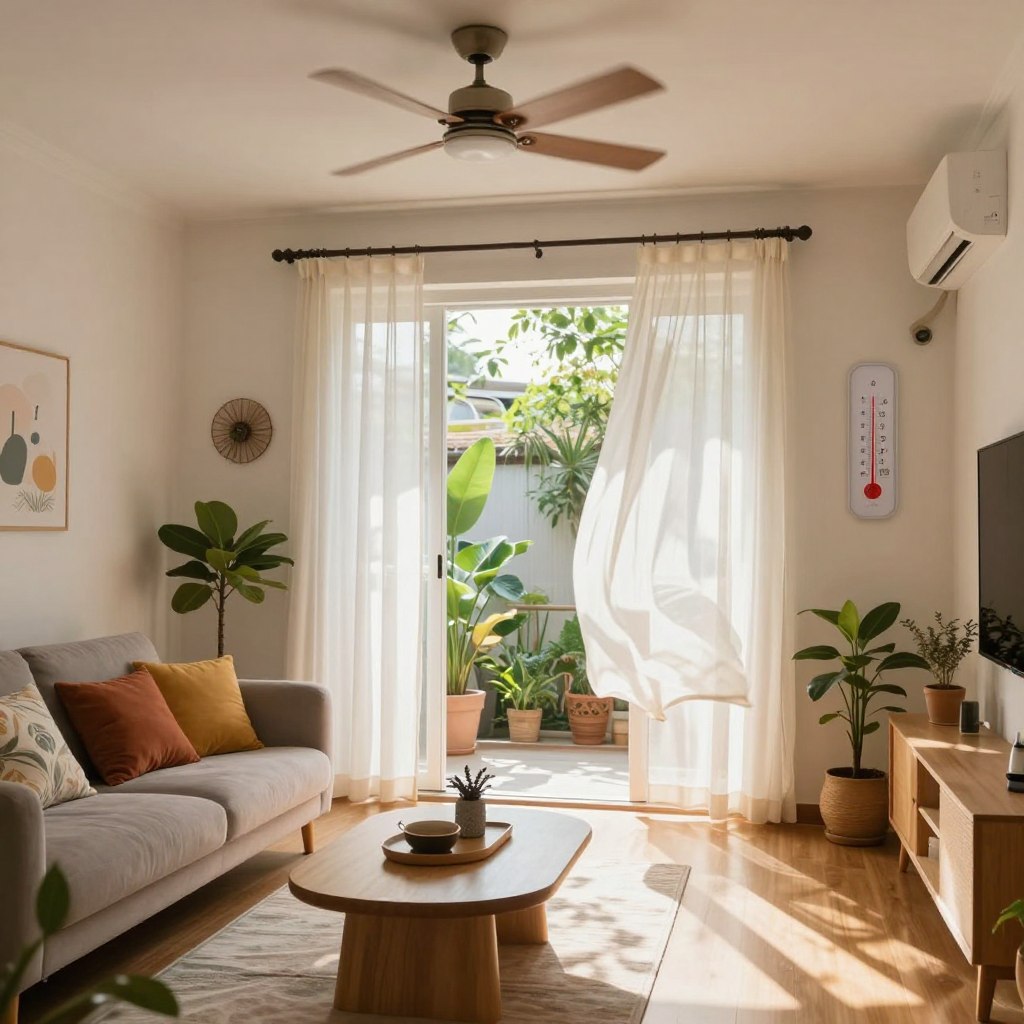 A cozy, well-furnished living room designed for effective ventilation during a heatwave. In the foreground, a modern sofa with colorful throw pillows and a stylish coffee table is featured. The middle ground showcases an open window with sheer curtains gently billowing, allowing cool air to flow in. On the walls, there are decorative fans and indoor plants enhancing air circulation, while a ceiling fan spins slowly above. The background reveals a sunlit room with warm light streaming in, creating a relaxed atmosphere. Add elements like a thermometer showing a comfortable temperature, and soft shadows play across the floor. The overall mood is inviting and refreshing, emphasizing the importance of ventilation in a stylish, lived-in space.