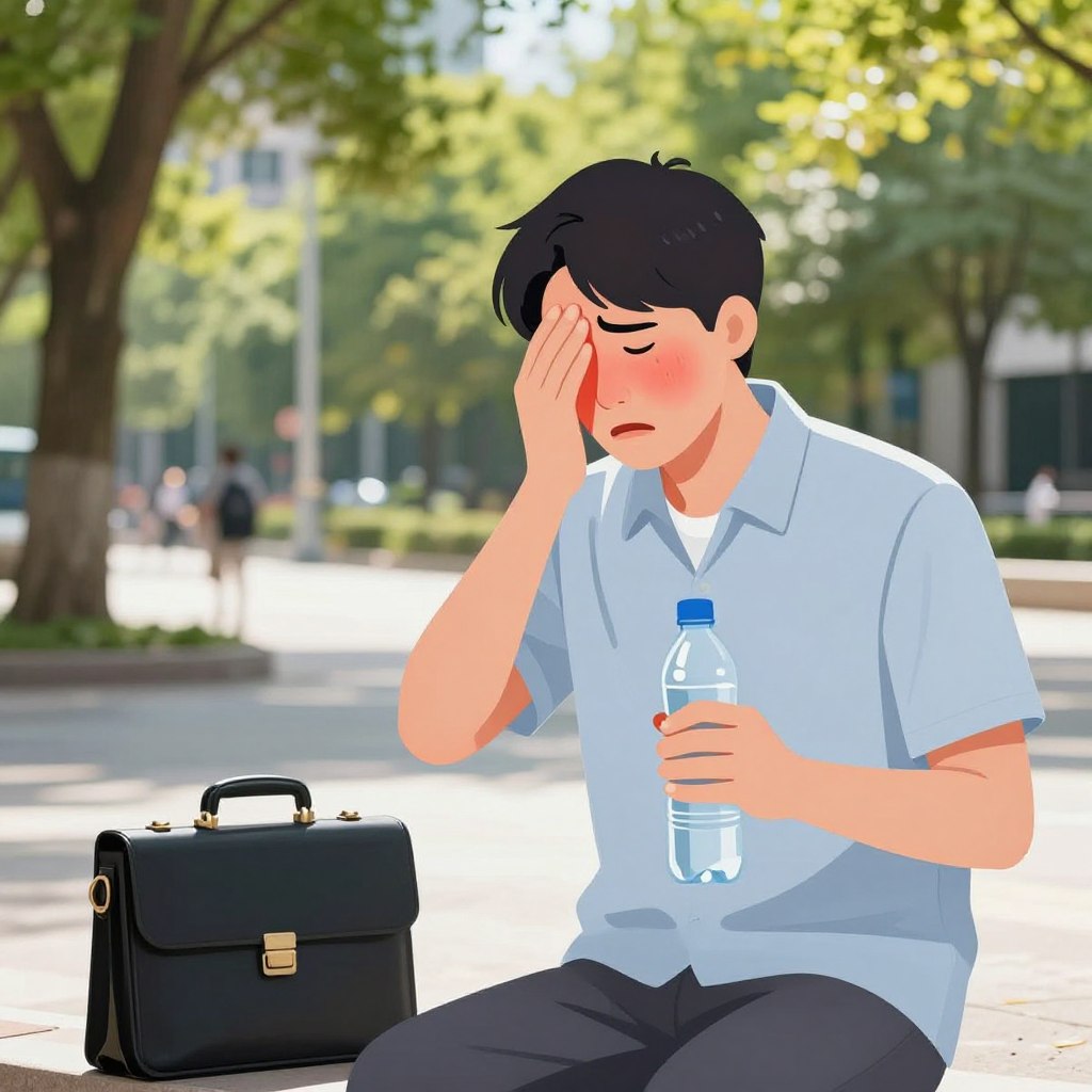 A detailed illustration of heat stroke symptoms, focusing on a person in a professional setting to convey urgency. In the foreground, depict a worried individual in modest casual clothing, fanning themselves with one hand while clutching a water bottle in the other. Their face is flushed, indicating distress. The middle ground features a briefcase lying on the ground to signify the workplace context. In the background, a sunny urban park scene emphasizes the heat with bright sunlight filtering through leafy trees. The mood should be serious and urgent, highlighting the importance of recognizing heat stroke. The lighting should be bright, simulating a hot summer day, with a shallow depth of field to focus on the individual. A detailed illustration of heat stroke symptoms, focusing on a person in a professional setting to convey urgency. In the foreground, depict a worried individual in modest casual clothing, fanning themselves with one hand while clutching a water bottle in the other. Their face is flushed, indicating distress. The middle ground features a briefcase lying on the ground to signify the workplace context. In the background, a sunny urban park scene emphasizes the heat with bright sunlight filtering through leafy trees. The mood should be serious and urgent, highlighting the importance of recognizing heat stroke. The lighting should be bright, simulating a hot summer day, with a shallow depth of field to focus on the individual.