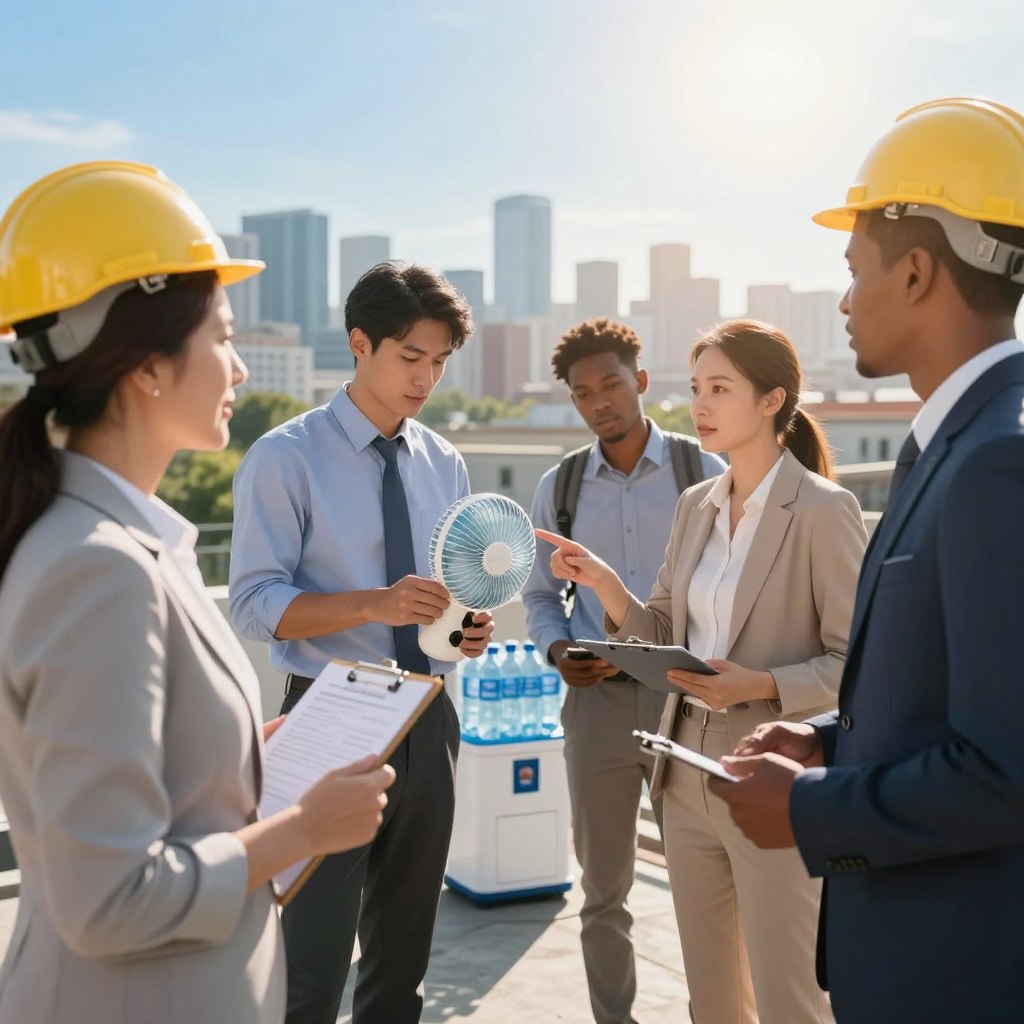 A diverse group of workers in professional business attire standing together in a sunlit outdoor workspace, discussing ways to protect themselves from heat exposure during a heatwave. In the foreground, a middle-aged woman holds a clipboard, emphasizing the importance of safety protocols. In the middle ground, a young man adjusts a portable fan while another worker, a young woman, points to a hydration station filled with water bottles. The background features a city skyline under a clear blue sky, with visible sun rays casting warm, golden light. The atmosphere conveys a sense of community and responsibility, highlighting teamwork and the proactive approach to ensuring worker safety during extreme heat conditions. A diverse group of workers in professional business attire standing together in a sunlit outdoor workspace, discussing ways to protect themselves from heat exposure during a heatwave. In the foreground, a middle-aged woman holds a clipboard, emphasizing the importance of safety protocols. In the middle ground, a young man adjusts a portable fan while another worker, a young woman, points to a hydration station filled with water bottles. The background features a city skyline under a clear blue sky, with visible sun rays casting warm, golden light. The atmosphere conveys a sense of community and responsibility, highlighting teamwork and the proactive approach to ensuring worker safety during extreme heat conditions.