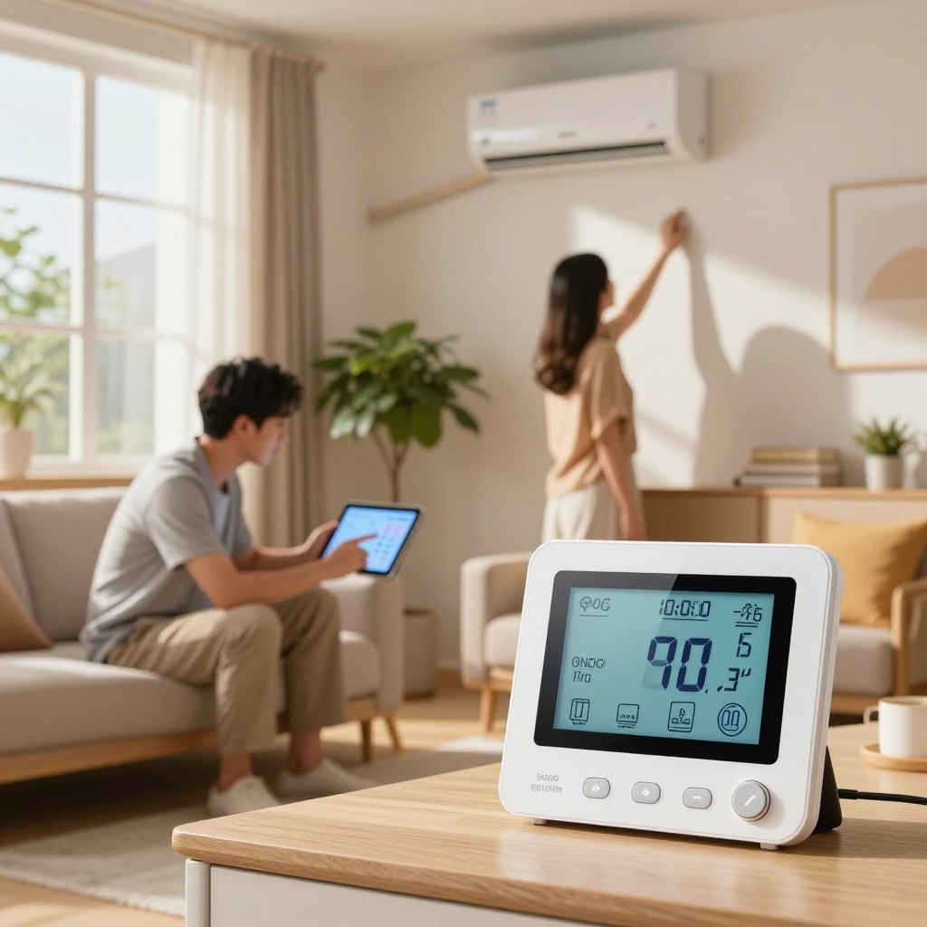 A domestic environment depicting a modern living room with sophisticated temperature monitoring appliances. In the foreground, a sleek digital thermometer displaying high temperatures and alert indicators. In the middle ground, a family is gathered: a father checking a temperature app on a tablet, and a mother is adjusting the air conditioning, both dressed in smart casual attire. Sunlight filters through large windows, casting warm shadows that evoke a sense of summer heat. In the background, a living plant emphasizes the homey atmosphere and the importance of staying cool. The overall mood is one of attentive care and vigilance against extreme temperatures. The scene should evoke a feeling of warmth while emphasizing the need for temperature awareness. A domestic environment depicting a modern living room with sophisticated temperature monitoring appliances. In the foreground, a sleek digital thermometer displaying high temperatures and alert indicators. In the middle ground, a family is gathered: a father checking a temperature app on a tablet, and a mother is adjusting the air conditioning, both dressed in smart casual attire. Sunlight filters through large windows, casting warm shadows that evoke a sense of summer heat. In the background, a living plant emphasizes the homey atmosphere and the importance of staying cool. The overall mood is one of attentive care and vigilance against extreme temperatures. The scene should evoke a feeling of warmth while emphasizing the need for temperature awareness.