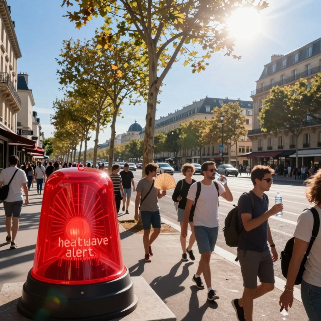 A dramatic scene depicting a "heatwave alert" in France. In the foreground, a digital weather alert icon glows brightly, signaling high temperatures with a bold red color. The middle ground features a bustling French city street under a blazing sun, with people in modest casual clothing seeking shade, fanning themselves, and drinking water. Some trees are visibly wilting in the heat. In the background, a clear blue sky shimmers with heat haze above iconic Parisian architecture. The lighting is bright and intense, casting sharp shadows. A warm, oppressive atmosphere permeates the scene, evoking a sense of urgency and the impact of the heatwave. The angle captures this vibrant, urban landscape from a slightly elevated perspective, enhancing the feeling of a widespread heat alert.
