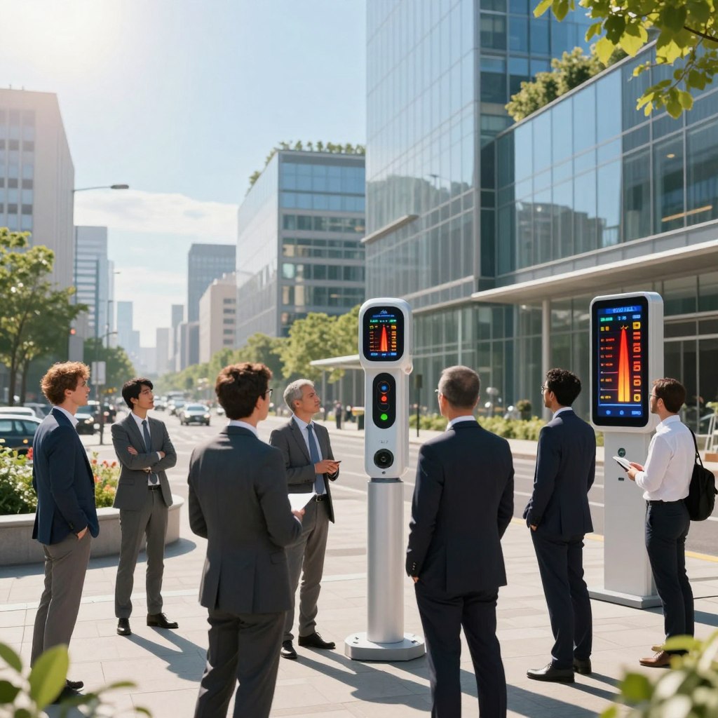 A futuristic urban setting during a heatwave in France, featuring advanced temperature monitoring technology. In the foreground, a diverse group of professionals in business attire is examining high-tech temperature sensors and a digital display showing rising heat levels. The middle ground includes buildings with reflective glass surfaces and greenery to demonstrate heat management systems. The background reveals a sun-drenched city skyline with a haze indicating extreme temperatures. The lighting is bright and harsh, casting sharp shadows while creating a sense of urgency. Incorporate a clear blue sky, emphasizing the contrast between technology and environmental challenges. The mood is serious but hopeful, reflecting the importance of monitoring heat risks for public health and safety. A futuristic urban setting during a heatwave in France, featuring advanced temperature monitoring technology. In the foreground, a diverse group of professionals in business attire is examining high-tech temperature sensors and a digital display showing rising heat levels. The middle ground includes buildings with reflective glass surfaces and greenery to demonstrate heat management systems. The background reveals a sun-drenched city skyline with a haze indicating extreme temperatures. The lighting is bright and harsh, casting sharp shadows while creating a sense of urgency. Incorporate a clear blue sky, emphasizing the contrast between technology and environmental challenges. The mood is serious but hopeful, reflecting the importance of monitoring heat risks for public health and safety.