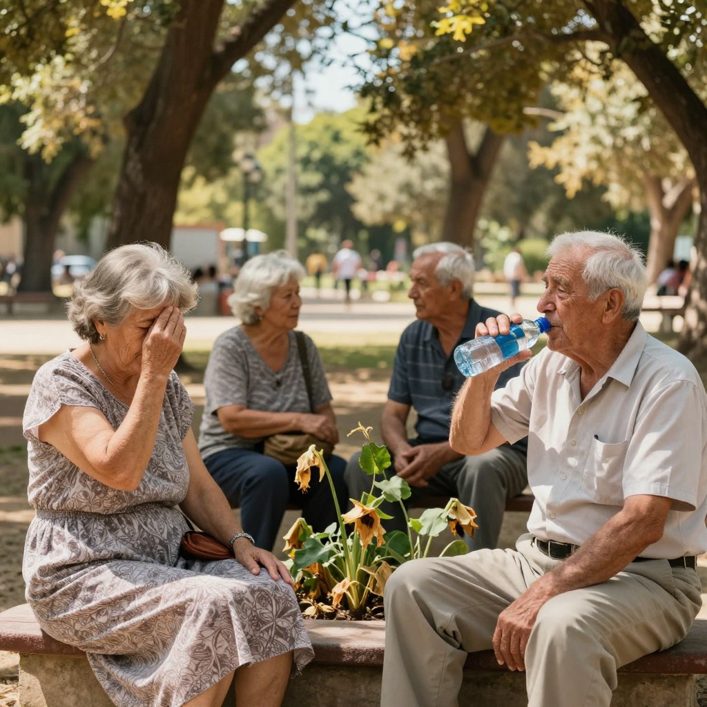 A group of older adults sitting in a shaded park, visibly affected by a heatwave. In the foreground, a woman in a modest summer dress wipes her forehead, looking weary but resilient. Beside her, an elderly man wearing lightweight trousers and a short-sleeved shirt sips water from a bottle, showing concern. In the middle ground, a couple of seniors engage in a soft conversation, sharing their experiences, surrounded by a few wilted plants symbolizing the heat. The background features sun-bleached trees casting dappled light, with a blue sky peeking through. The lighting is warm and golden, creating an atmosphere that conveys both the weight of the heat and a sense of community support. The angle is slightly elevated, offering a compassionate perspective on their interactions. A group of older adults sitting in a shaded park, visibly affected by a heatwave. In the foreground, a woman in a modest summer dress wipes her forehead, looking weary but resilient. Beside her, an elderly man wearing lightweight trousers and a short-sleeved shirt sips water from a bottle, showing concern. In the middle ground, a couple of seniors engage in a soft conversation, sharing their experiences, surrounded by a few wilted plants symbolizing the heat. The background features sun-bleached trees casting dappled light, with a blue sky peeking through. The lighting is warm and golden, creating an atmosphere that conveys both the weight of the heat and a sense of community support. The angle is slightly elevated, offering a compassionate perspective on their interactions.