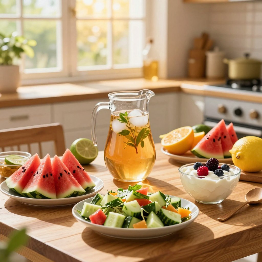 A healthy summer meal display for a heatwave, featuring a vibrant array of fresh fruits and vegetables. In the foreground, a wooden table is adorned with colorful salads, juicy watermelon slices, and refreshing cucumber cubes. In the middle, a pitcher of iced herbal tea and bowls of yogurt topped with berries offer cooling options. The background features a sunlit kitchen with large windows letting in warm, golden light, enhancing the lively atmosphere. Soft shadows are cast on the table, emphasizing the freshness of the food. The mood is bright, cheerful, and inviting, conveying the importance of hydration and nutrition during hot weather, with attention to detail in the presentation of the meal. A healthy summer meal display for a heatwave, featuring a vibrant array of fresh fruits and vegetables. In the foreground, a wooden table is adorned with colorful salads, juicy watermelon slices, and refreshing cucumber cubes. In the middle, a pitcher of iced herbal tea and bowls of yogurt topped with berries offer cooling options. The background features a sunlit kitchen with large windows letting in warm, golden light, enhancing the lively atmosphere. Soft shadows are cast on the table, emphasizing the freshness of the food. The mood is bright, cheerful, and inviting, conveying the importance of hydration and nutrition during hot weather, with attention to detail in the presentation of the meal.