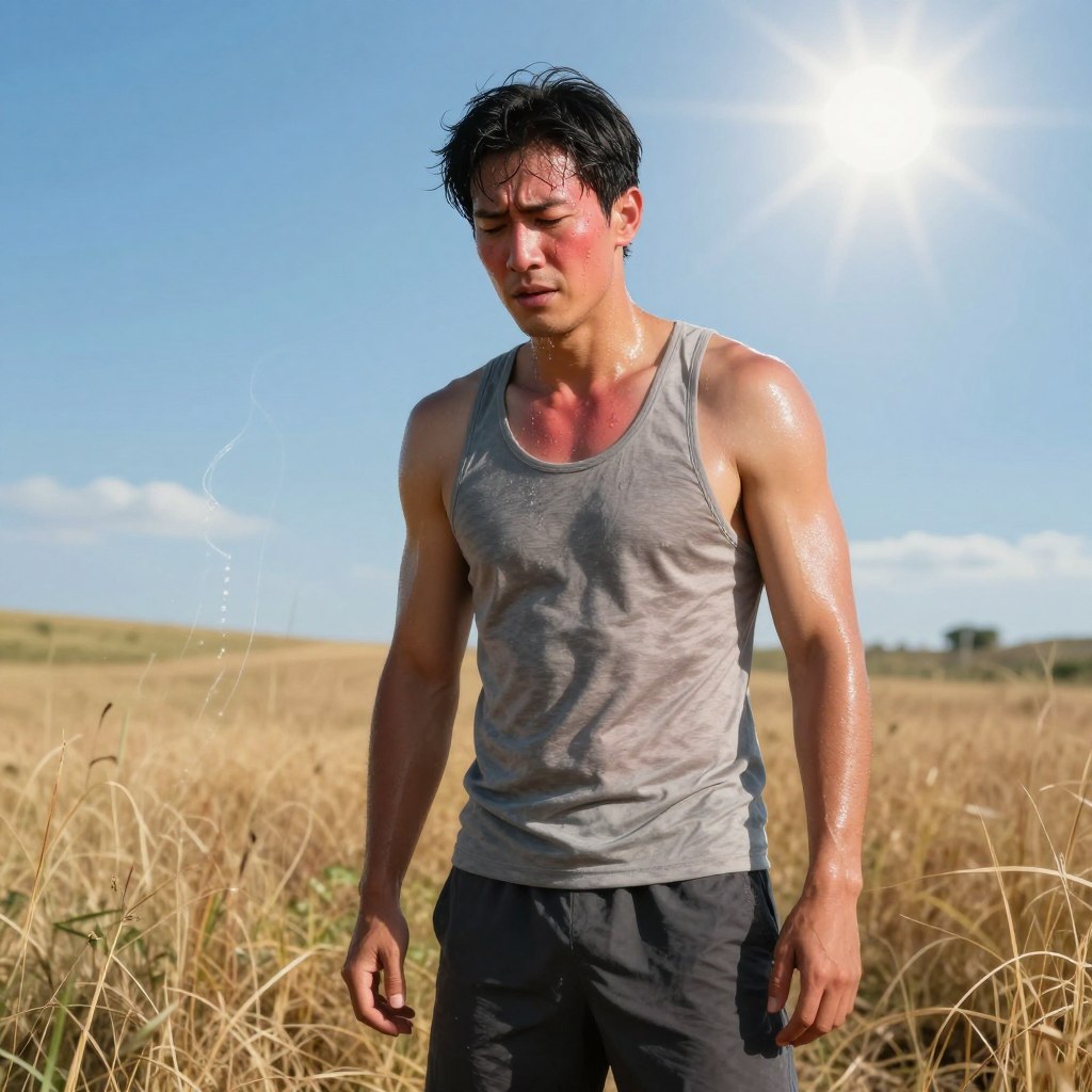 A human figure standing in a sun-drenched environment, dressed in modest athletic wear, depicting the effects of hyperthermia. The foreground shows the individual sweating, with flushed skin and a look of discomfort. In the middle ground, the figure is surrounded by vibrant outdoor elements like dry grass and shimmering heat waves rising from the ground. The background features a bright blue sky with a blazing sun, enhancing the oppressive heat of the scene. Dramatic lighting casts sharp shadows, emphasizing the intensity of the situation. The atmosphere conveys a sense of urgency and seriousness regarding heat effects on the body, illustrating the physical impact of excessive temperatures on human health. A human figure standing in a sun-drenched environment, dressed in modest athletic wear, depicting the effects of hyperthermia. The foreground shows the individual sweating, with flushed skin and a look of discomfort. In the middle ground, the figure is surrounded by vibrant outdoor elements like dry grass and shimmering heat waves rising from the ground. The background features a bright blue sky with a blazing sun, enhancing the oppressive heat of the scene. Dramatic lighting casts sharp shadows, emphasizing the intensity of the situation. The atmosphere conveys a sense of urgency and seriousness regarding heat effects on the body, illustrating the physical impact of excessive temperatures on human health.