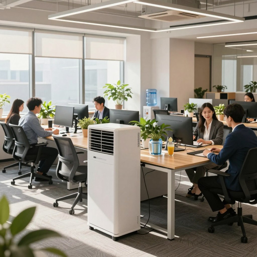 A modern office environment designed for heatwave prevention, showcasing an open workspace. In the foreground, a large air conditioning unit is strategically placed near a group of professionals in smart business attire, collaborating around a bright conference table filled with plants and hydration stations. The middle ground features ergonomic desks with adjustable chairs, some equipped with desktop fans, while large windows let in soft, diffused sunlight, casting gentle shadows. The background displays a well-organized break area with water coolers and refreshing drinks. The atmosphere is calm and productive, evoking a sense of comfort and wellbeing during the summer heat, with a focus on employee care and workspace adaptability.