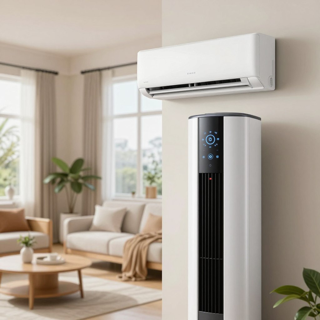 A modern residential air conditioning unit installed in a stylish living room. In the foreground, the sleek and energy-efficient air conditioner is prominently displayed, showcasing its smart technology features, like a digital interface and innovative design. The middle ground features a cozy seating area with contemporary furniture and decorative plants, creating a comfortable ambiance. In the background, large windows allow natural light to flood the space, accentuating the fresh, inviting atmosphere. Focus on bright, airy lighting that conveys a sense of tranquility and comfort, capturing the essence of technological innovation in home cooling solutions. The angle is slightly elevated to emphasize the air conditioner's design while maintaining an inviting home environment. A modern residential air conditioning unit installed in a stylish living room. In the foreground, the sleek and energy-efficient air conditioner is prominently displayed, showcasing its smart technology features, like a digital interface and innovative design. The middle ground features a cozy seating area with contemporary furniture and decorative plants, creating a comfortable ambiance. In the background, large windows allow natural light to flood the space, accentuating the fresh, inviting atmosphere. Focus on bright, airy lighting that conveys a sense of tranquility and comfort, capturing the essence of technological innovation in home cooling solutions. The angle is slightly elevated to emphasize the air conditioner's design while maintaining an inviting home environment.